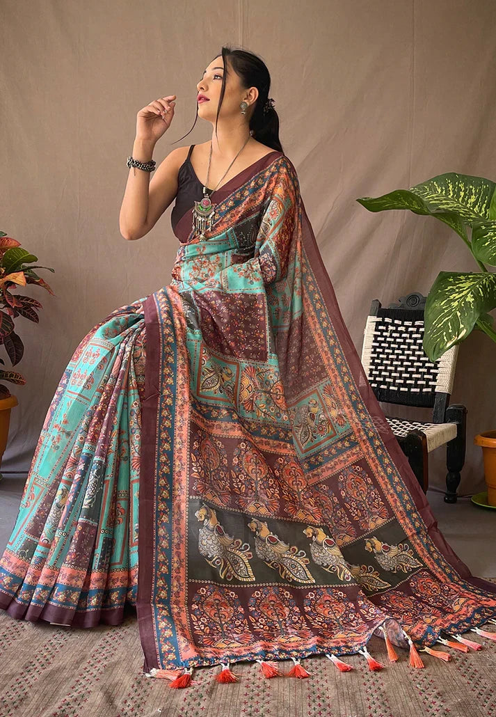 Pure Cotton Kalamkari Printed Saree Deep Sky -Square