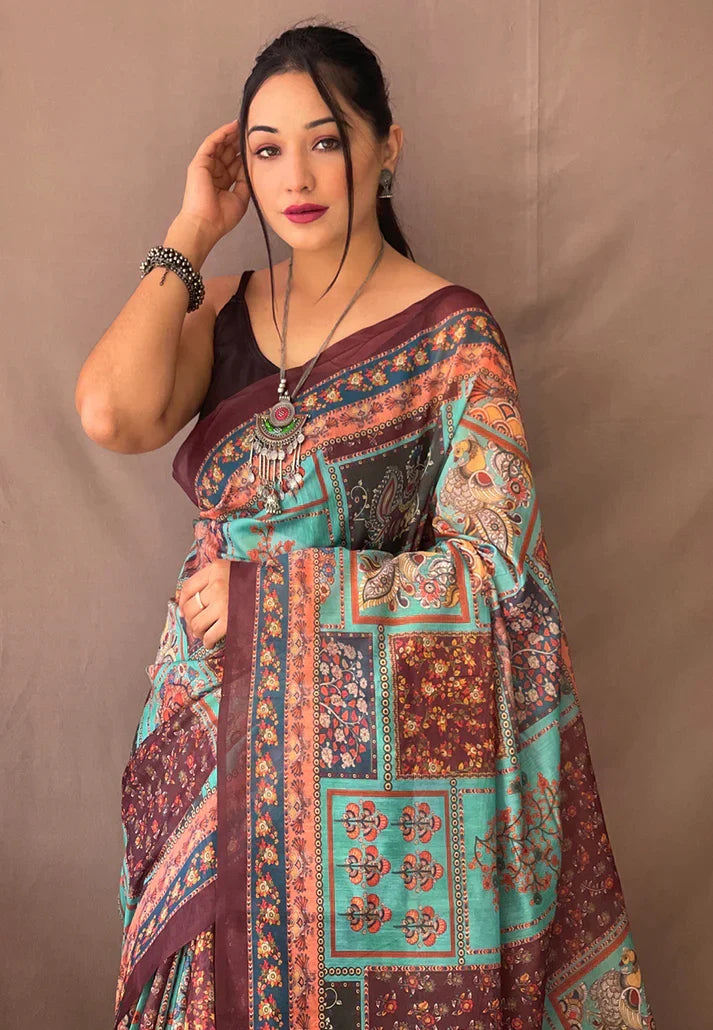 Pure Cotton Kalamkari Printed Saree Deep Sky -Square