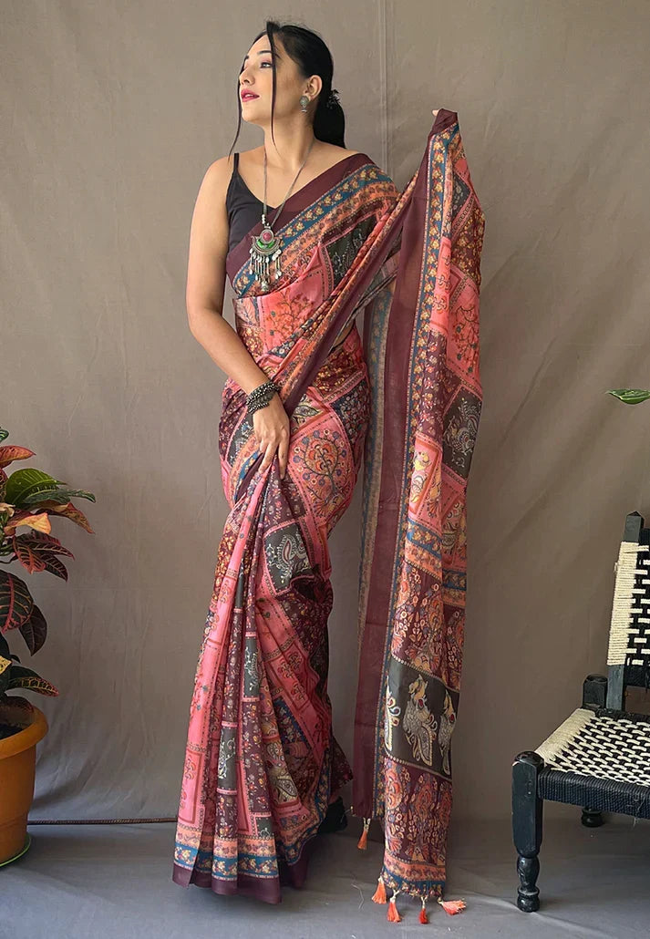 Pure Cotton Kalamkari Printed Saree Deep Pink -Square