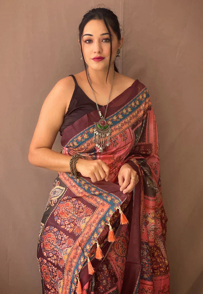 Pure Cotton Kalamkari Printed Saree Deep Pink -Square