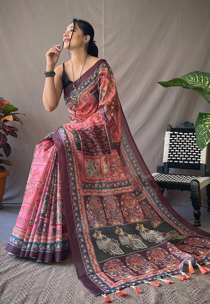 Pure Cotton Kalamkari Printed Saree Deep Pink -Square
