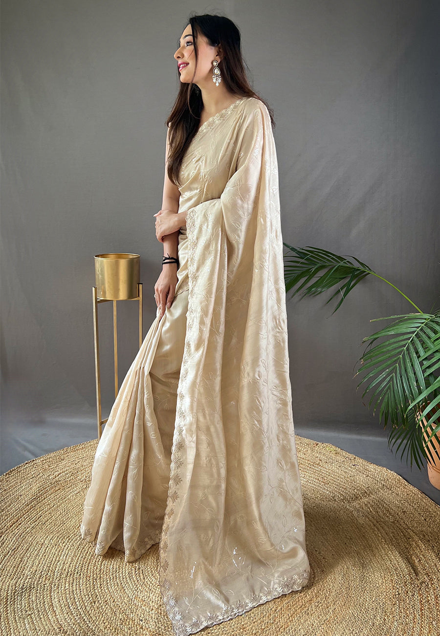 Ivory Falak Matka Silk Embroidered Sequins Designer Saree- PREMIUM