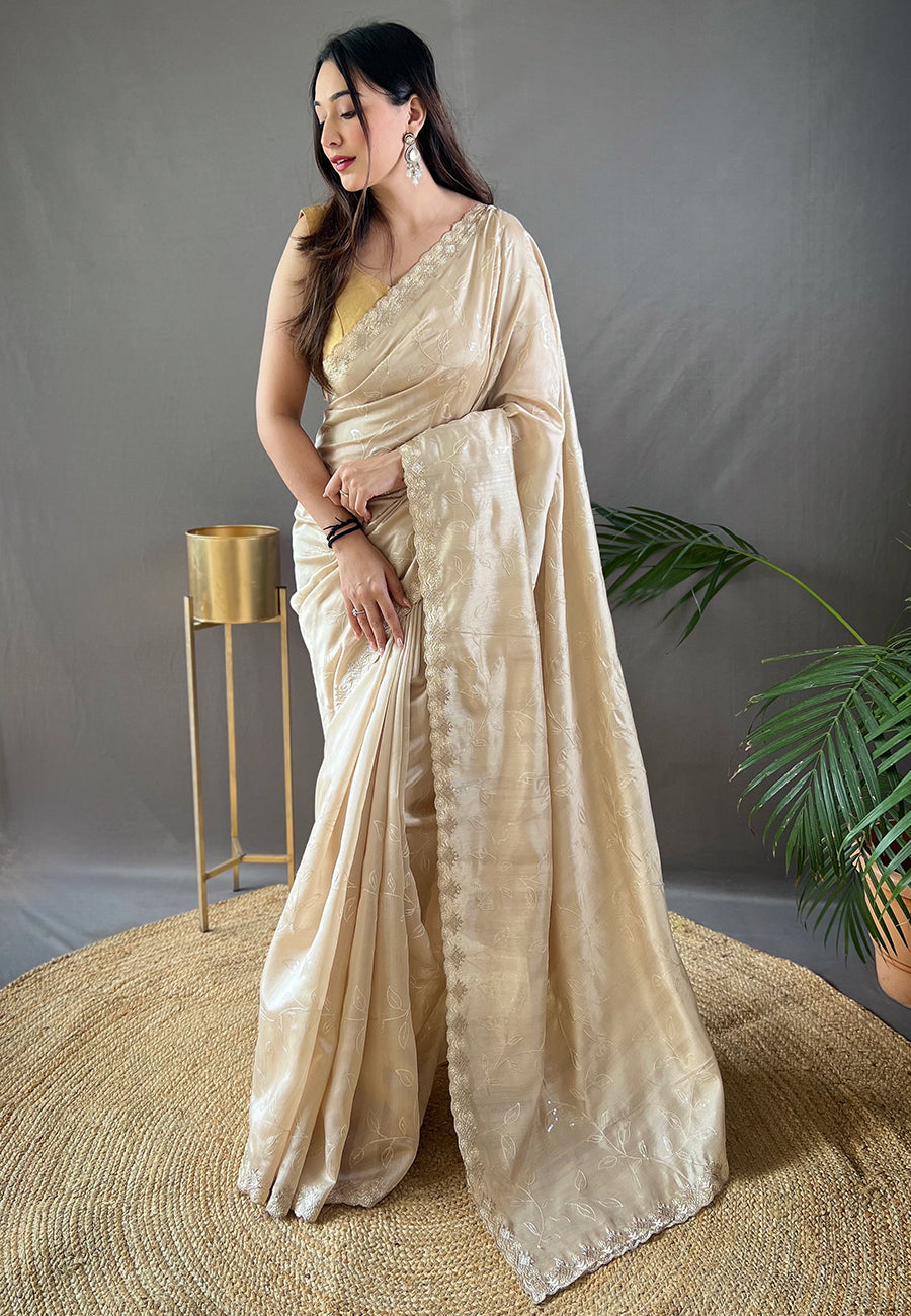 Ivory Falak Matka Silk Embroidered Sequins Designer Saree- PREMIUM