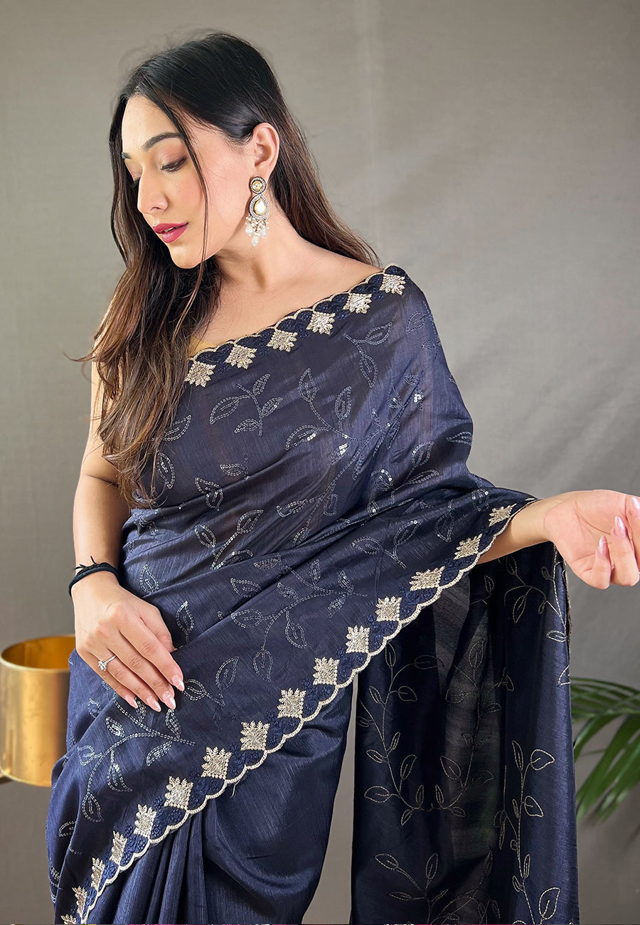 Bluish Grey Falak Matka Silk Embroidered Sequins Designer Saree- PREMIUM