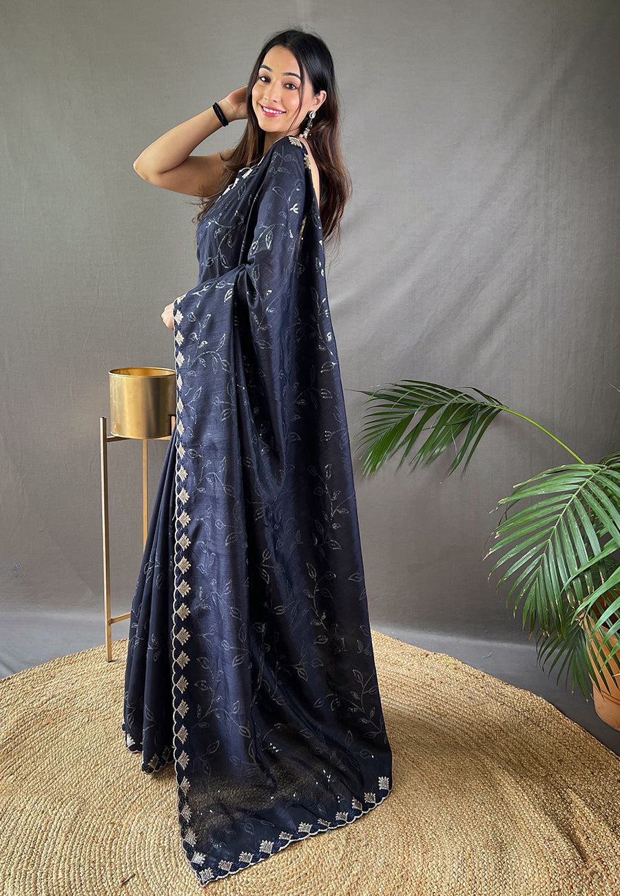 Bluish Grey Falak Matka Silk Embroidered Sequins Designer Saree- PREMIUM