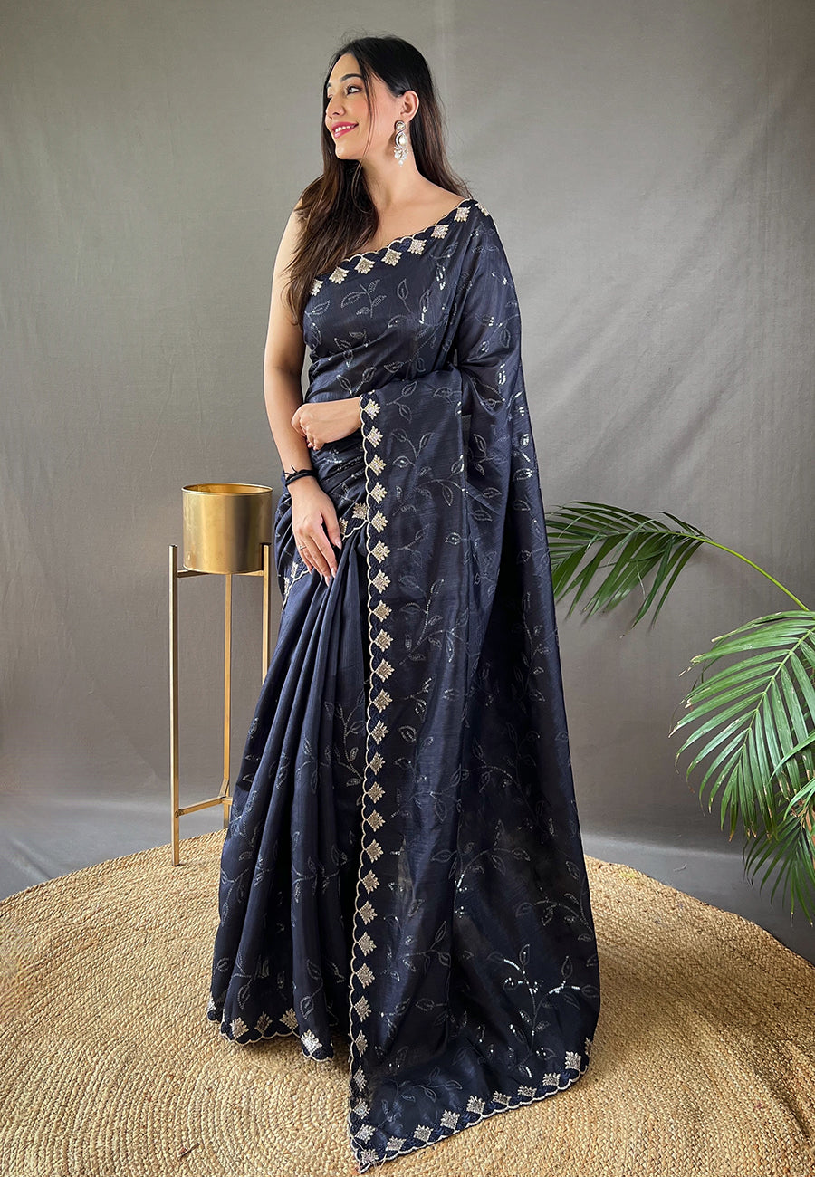 Bluish Grey Falak Matka Silk Embroidered Sequins Designer Saree- PREMIUM
