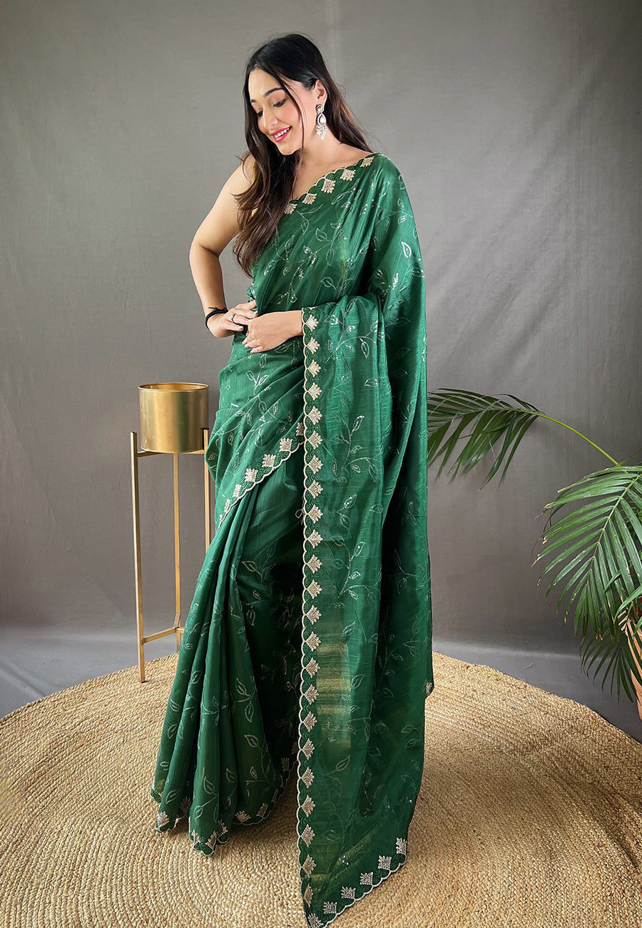 Mineral Green Falak Matka Silk Embroidered Sequins Designer Saree- PREMIUM