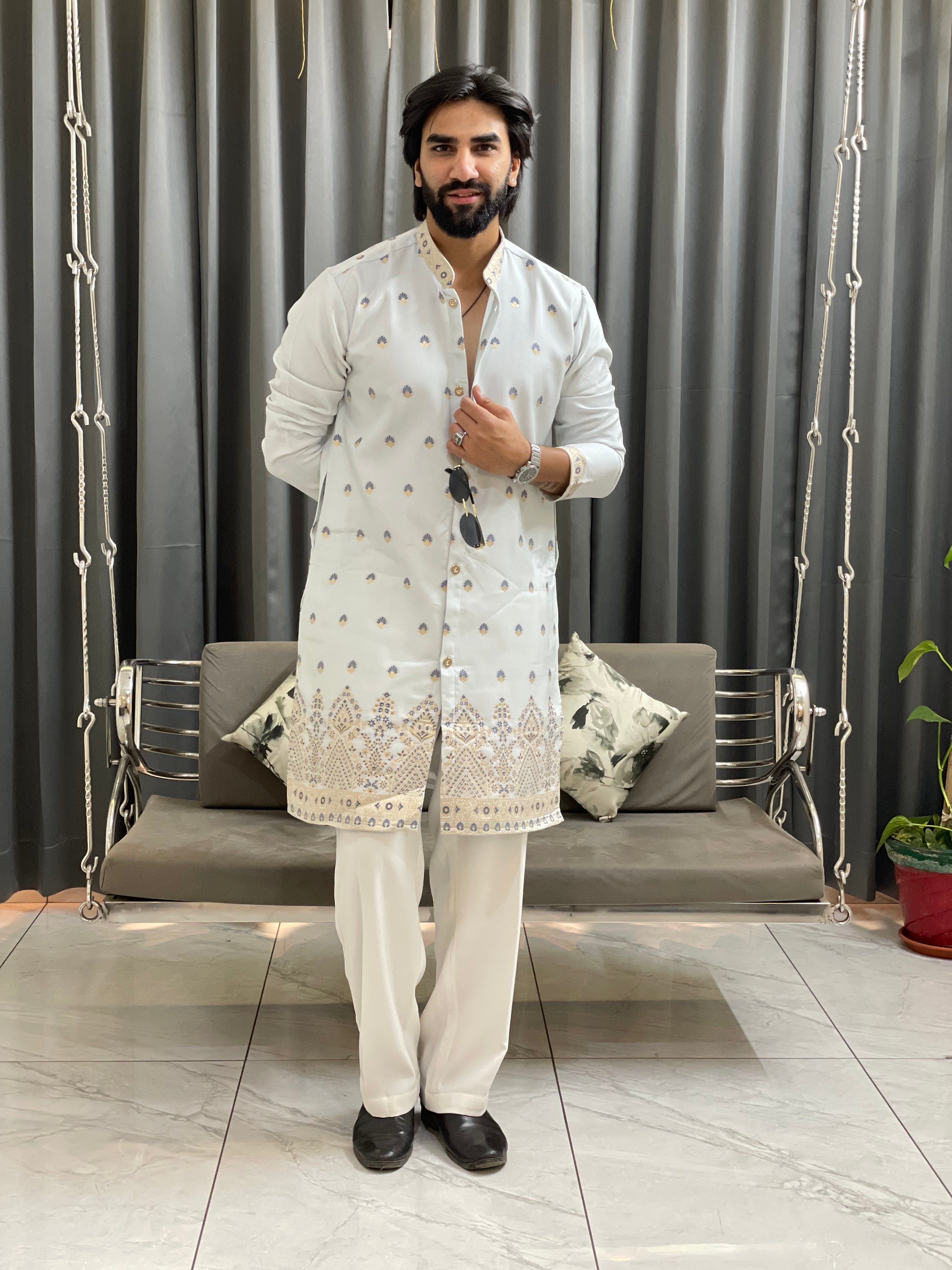 SKY BLUE SHAHI JACQUARD DESIGNER INDO-KURTA