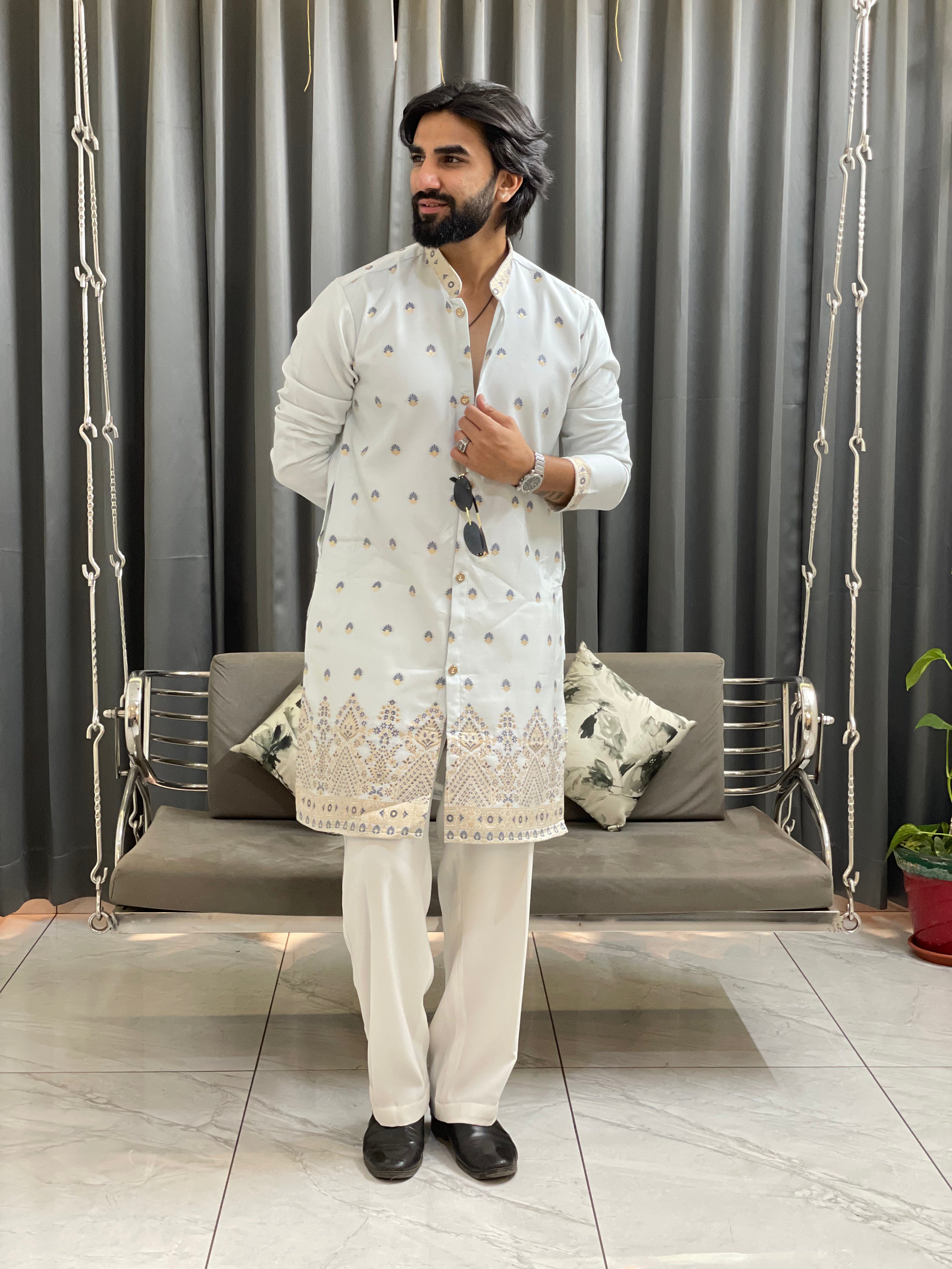 SKY BLUE SHAHI JACQUARD DESIGNER INDO-KURTA