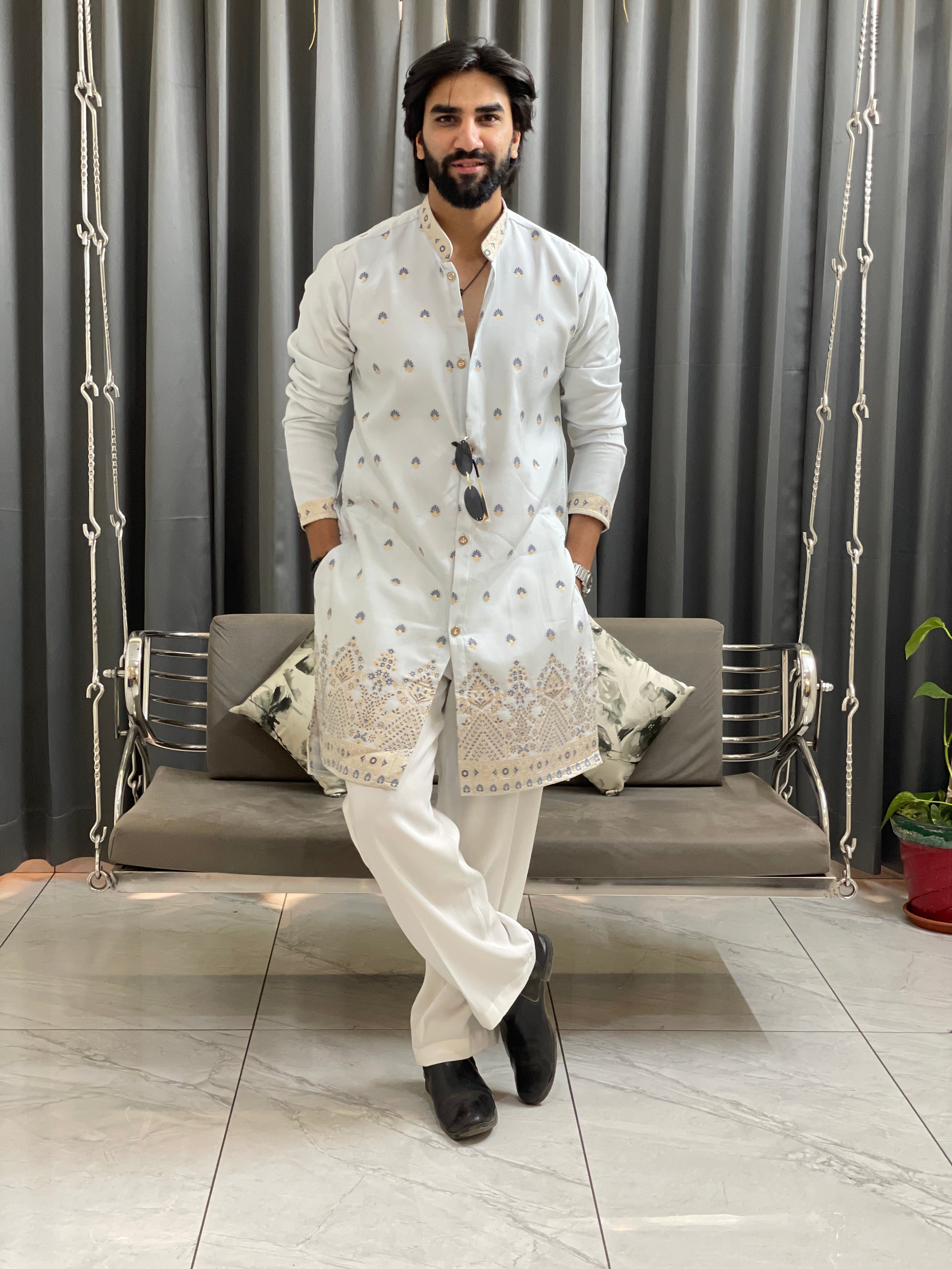 SKY BLUE SHAHI JACQUARD DESIGNER INDO-KURTA