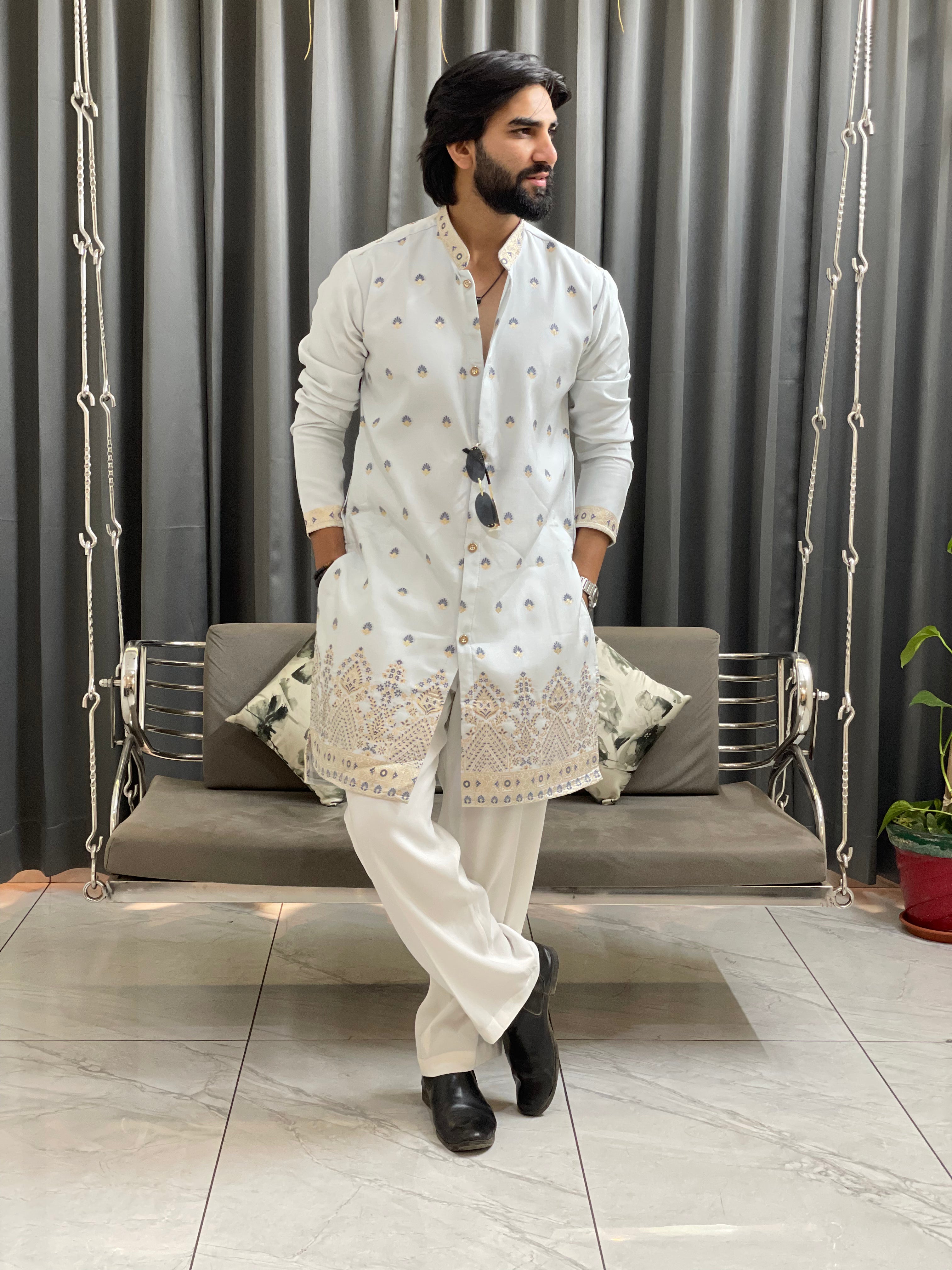 SKY BLUE SHAHI JACQUARD DESIGNER INDO-KURTA