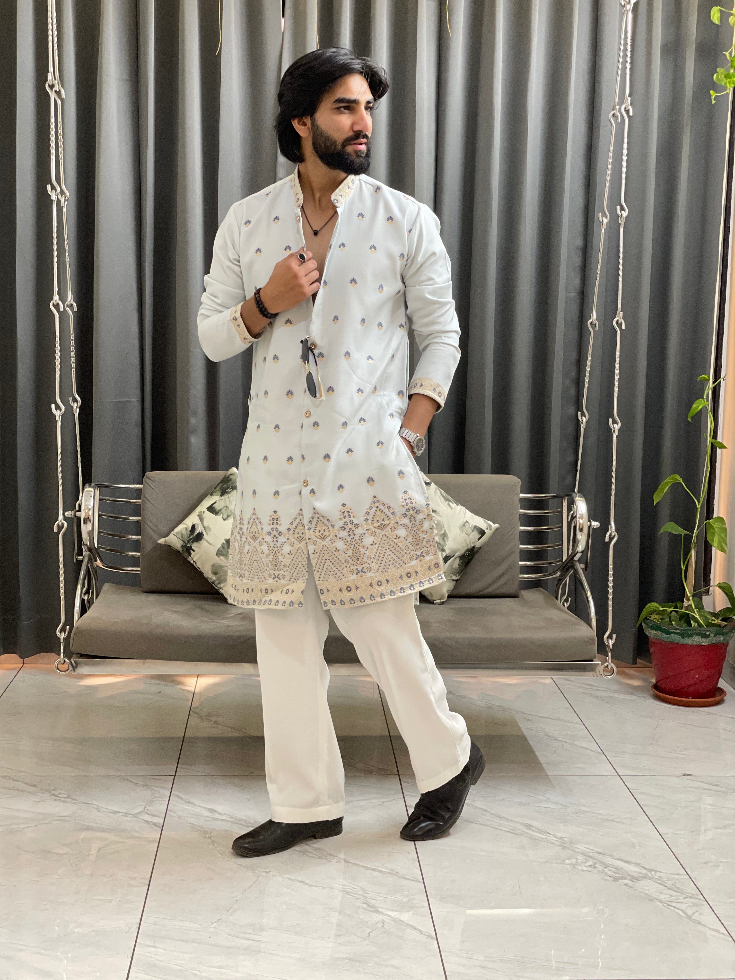 SKY BLUE SHAHI JACQUARD DESIGNER INDO-KURTA