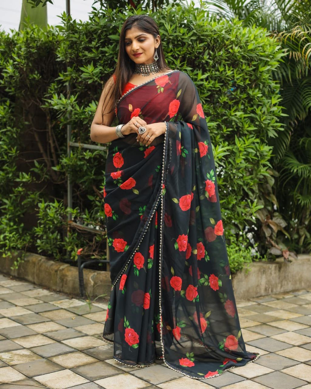 1 MIN Ready To Wear Rose printed Black Saree - Rosemary Black