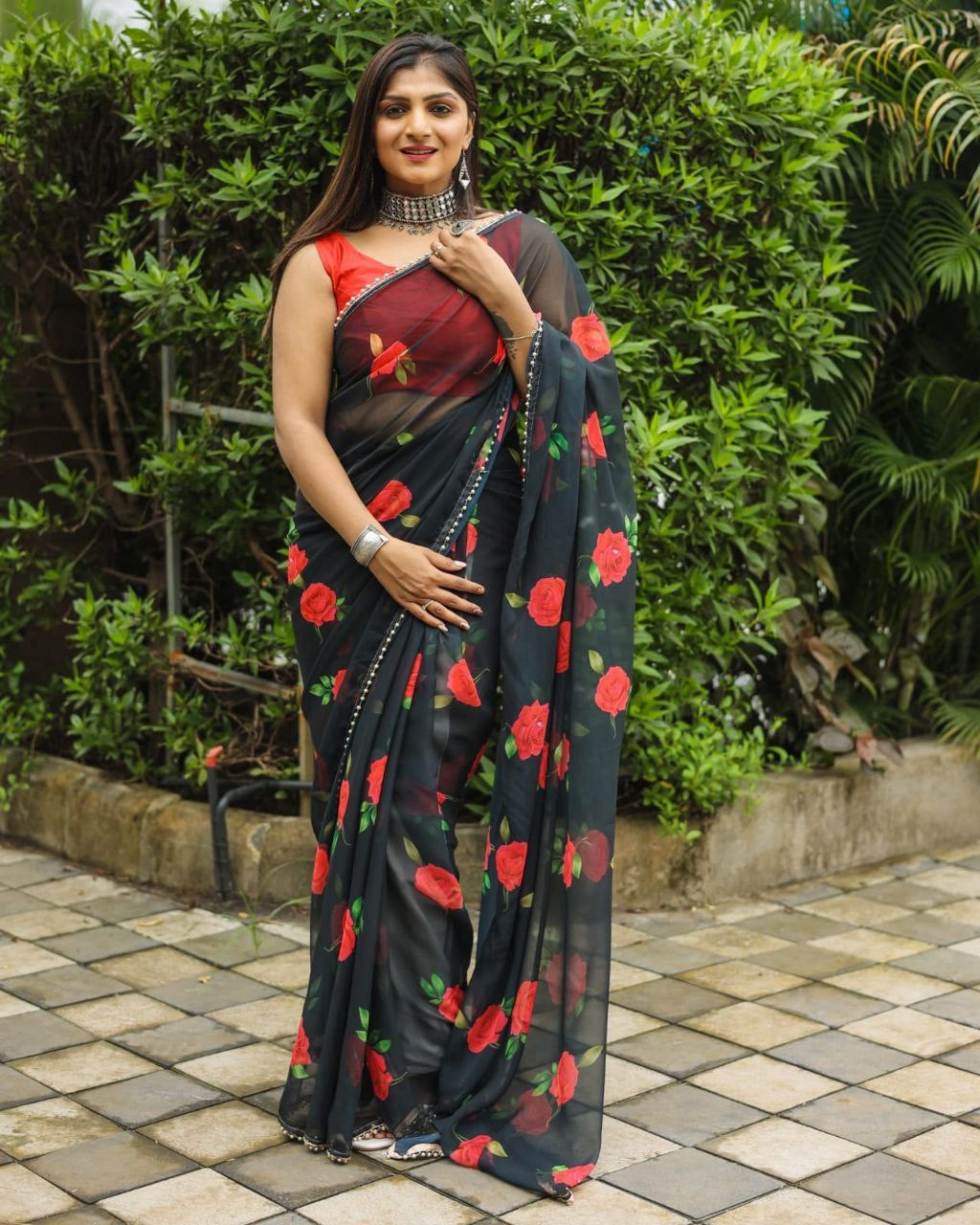 1 MIN Ready To Wear Rose printed Black Saree - Rosemary Black