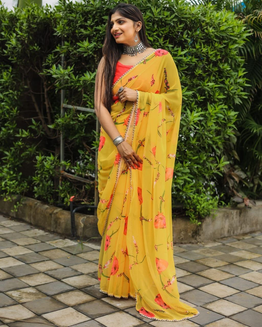 1 MIN Ready To Wear Rose printed Yellow Saree - Rosemary yellow