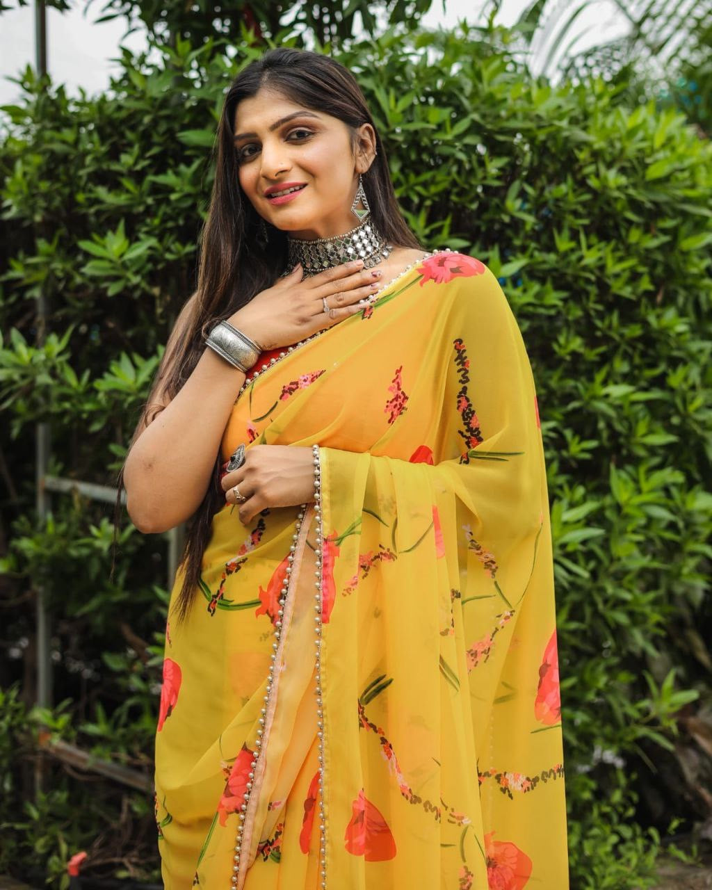 1 MIN Ready To Wear Rose printed Yellow Saree - Rosemary yellow