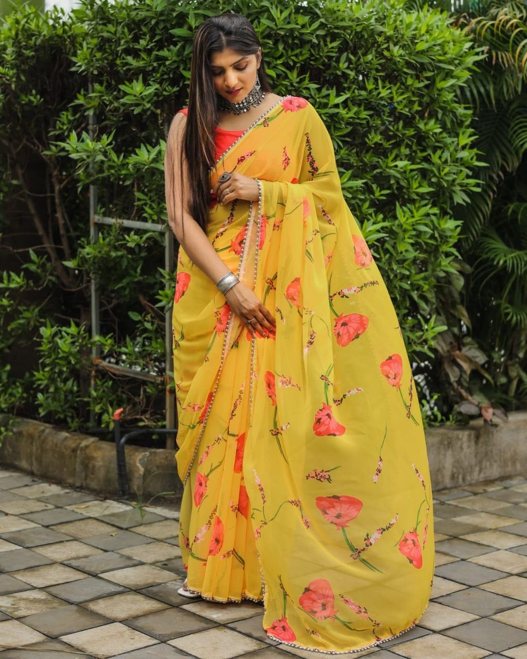 1 MIN Ready To Wear Rose printed Yellow Saree - Rosemary yellow