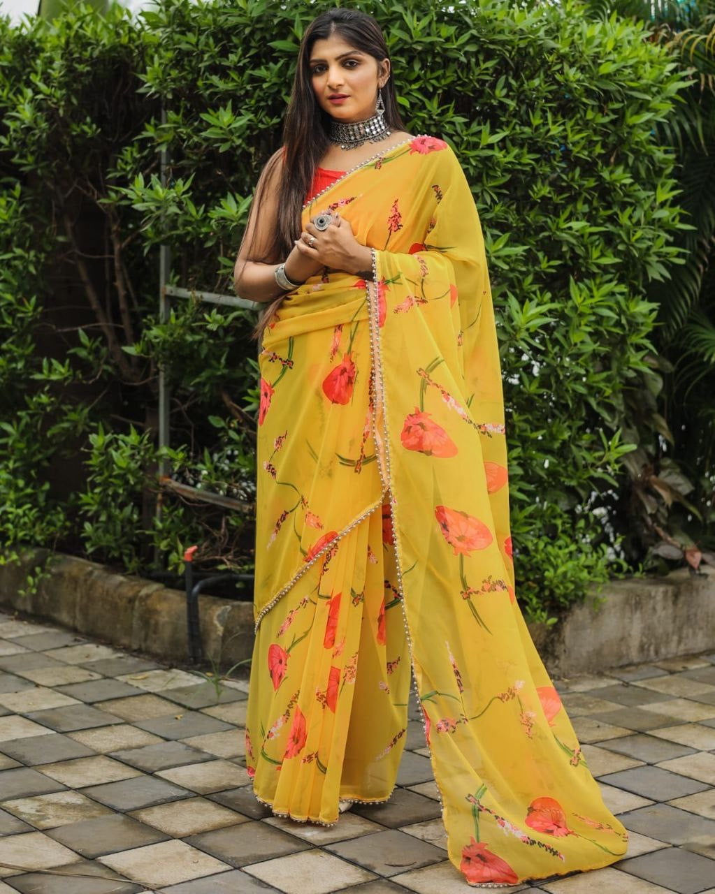 1 MIN Ready To Wear Rose printed Yellow Saree - Rosemary yellow