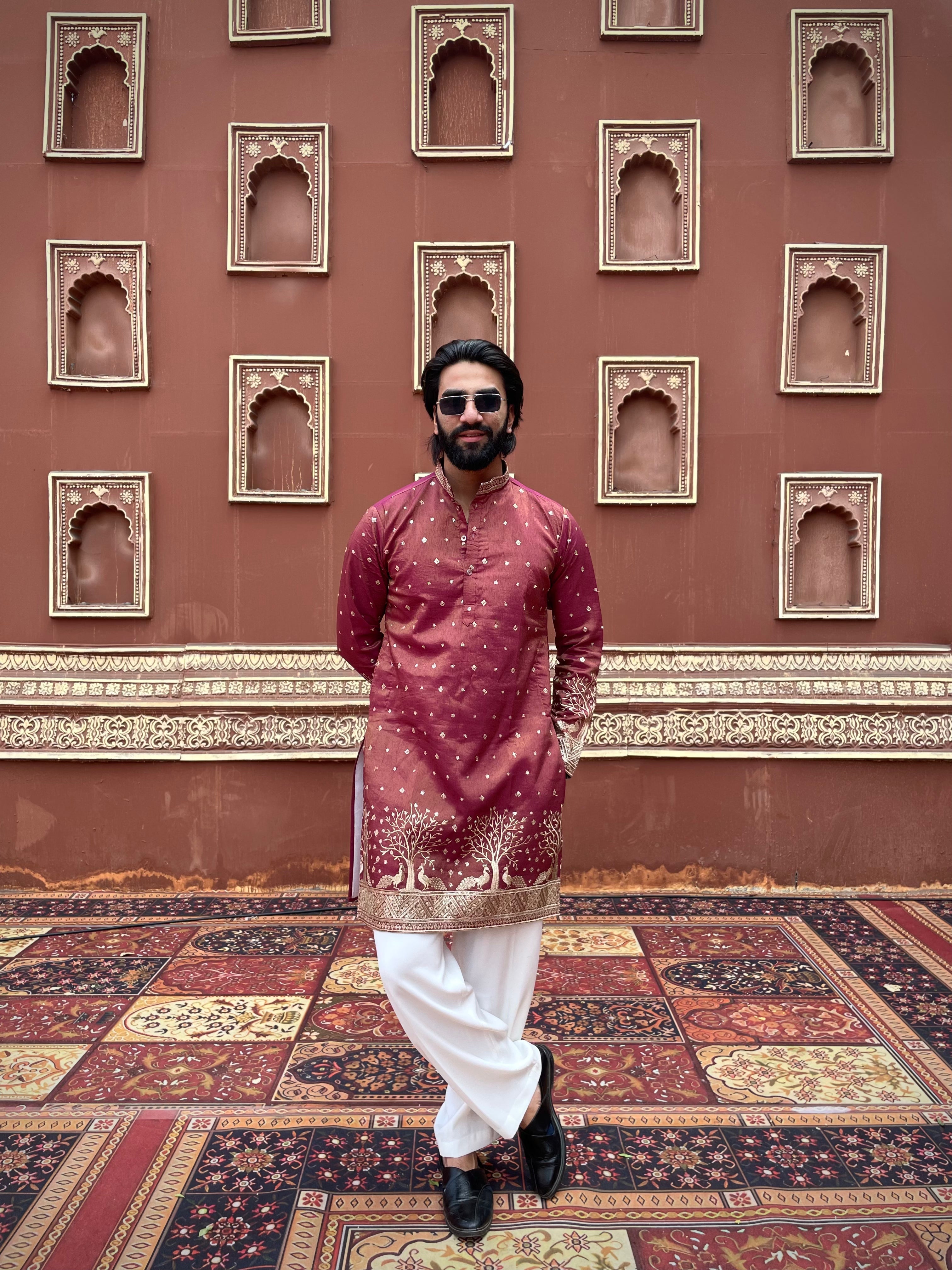 WINE SUVARN MAYUR EMROIDERED EXCLUSIVE KURTA