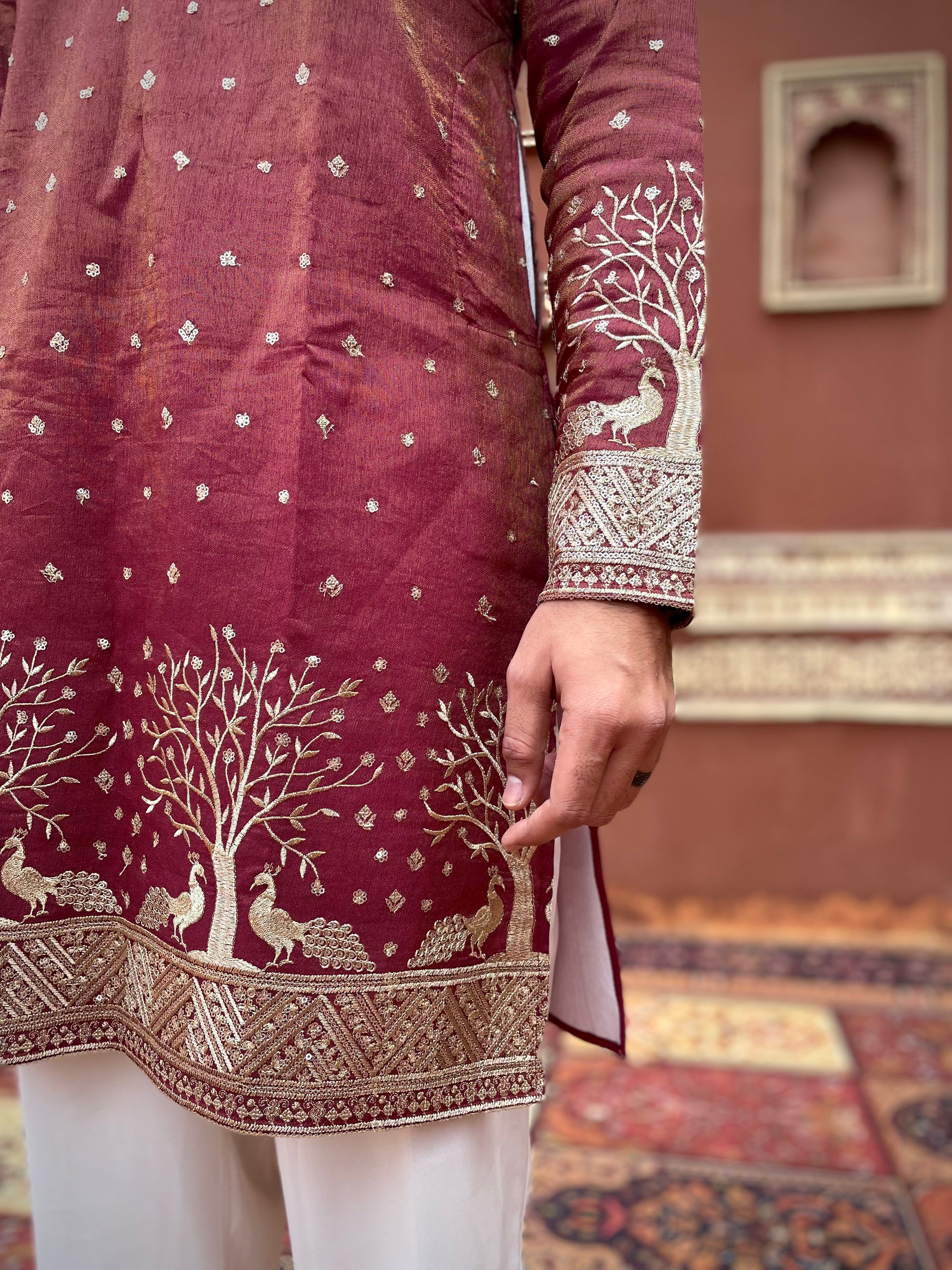 WINE SUVARN MAYUR EMROIDERED EXCLUSIVE KURTA