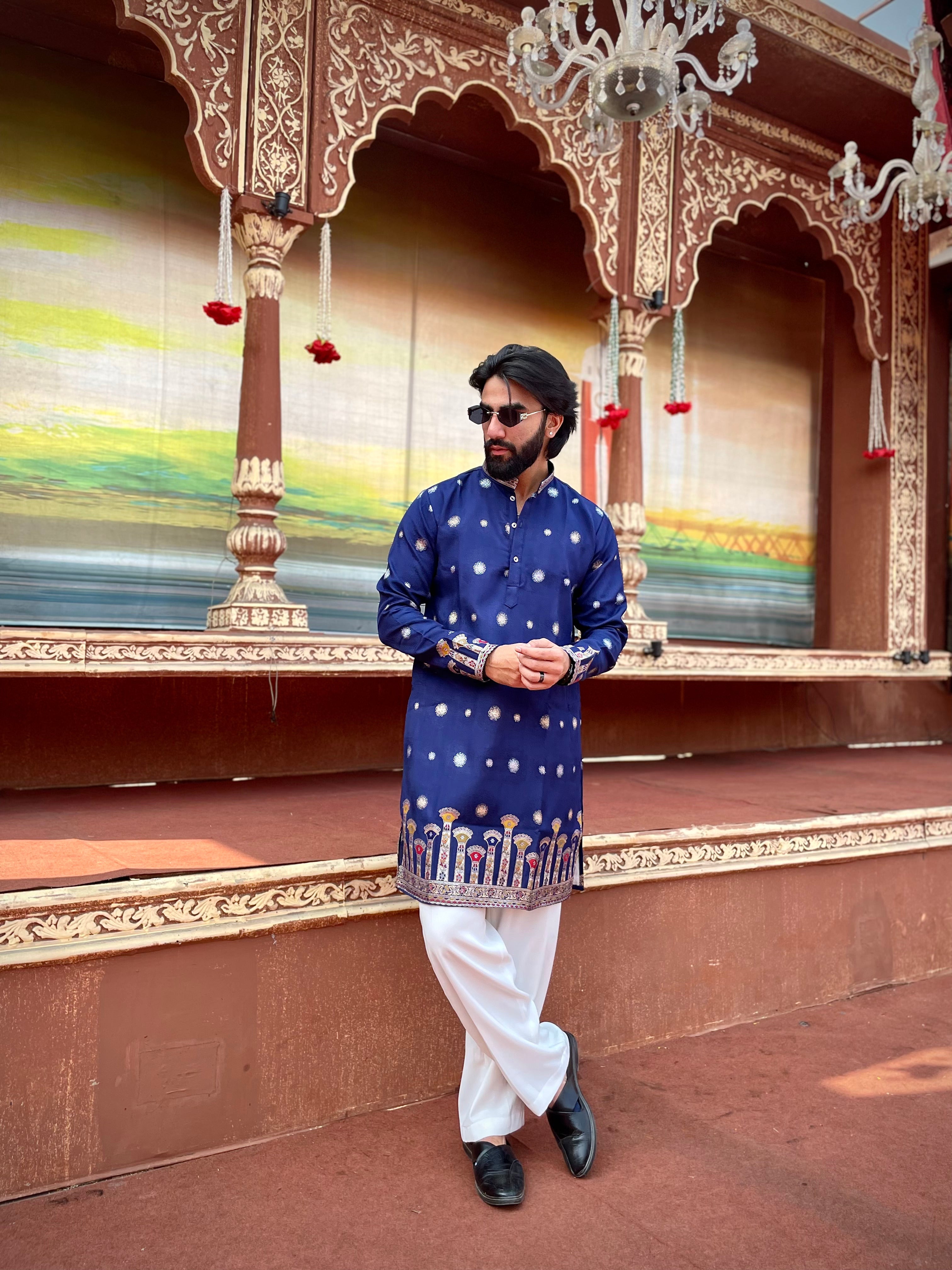STAMBH MAHAL NAVY BLUE EXCLUSIVE JACQUARD KURTA