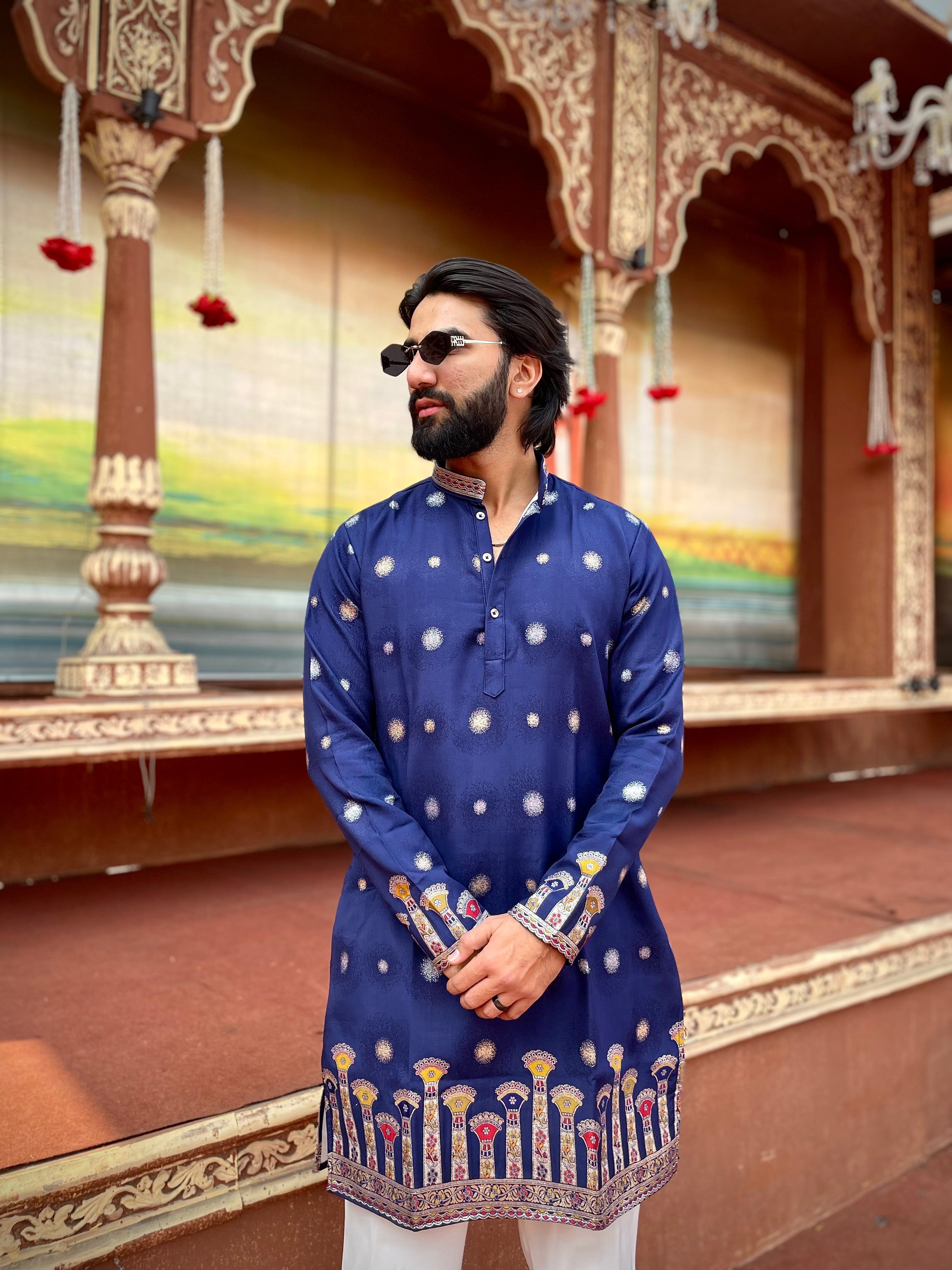 STAMBH MAHAL NAVY BLUE EXCLUSIVE JACQUARD KURTA