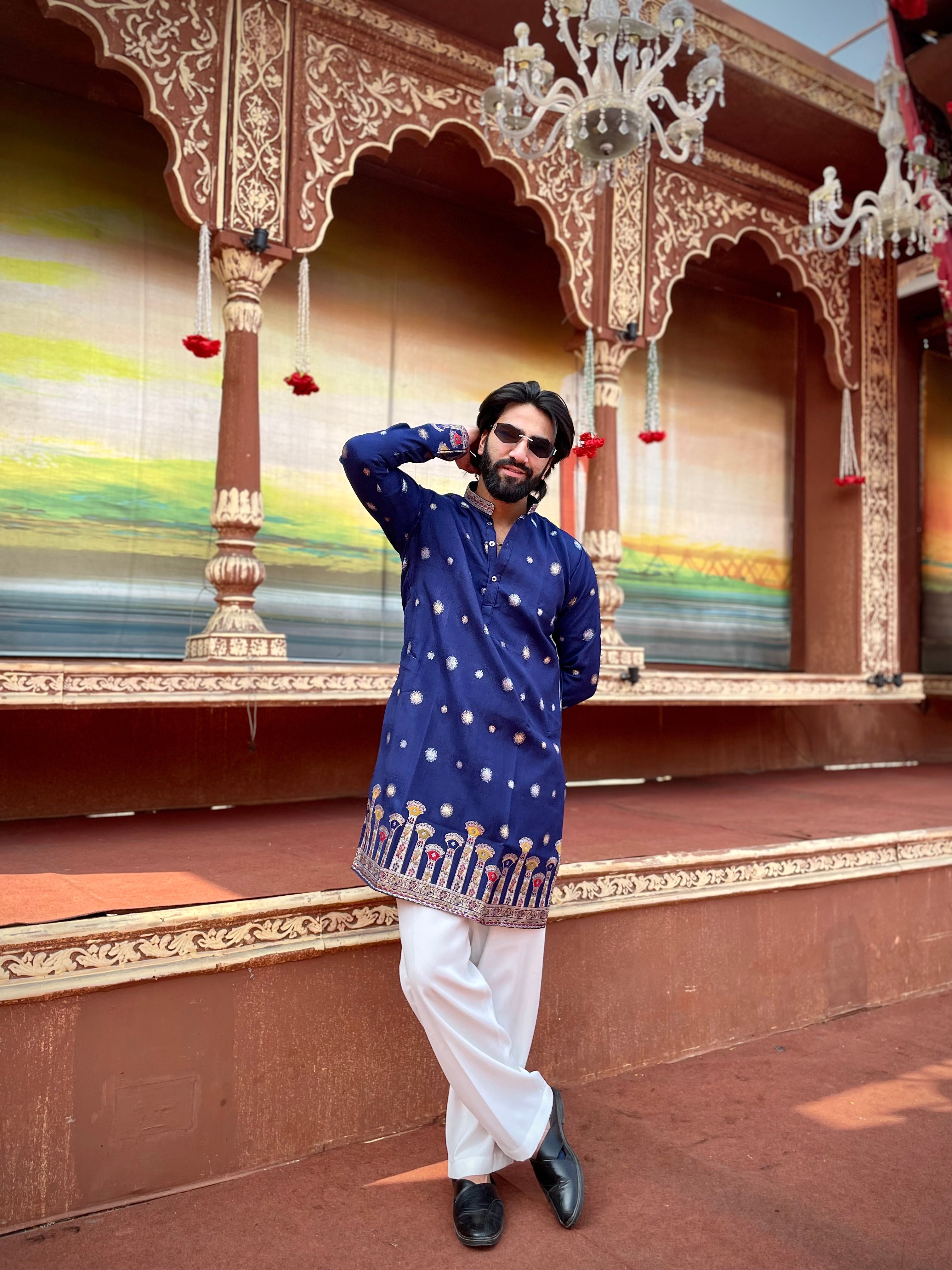 STAMBH MAHAL NAVY BLUE EXCLUSIVE JACQUARD KURTA