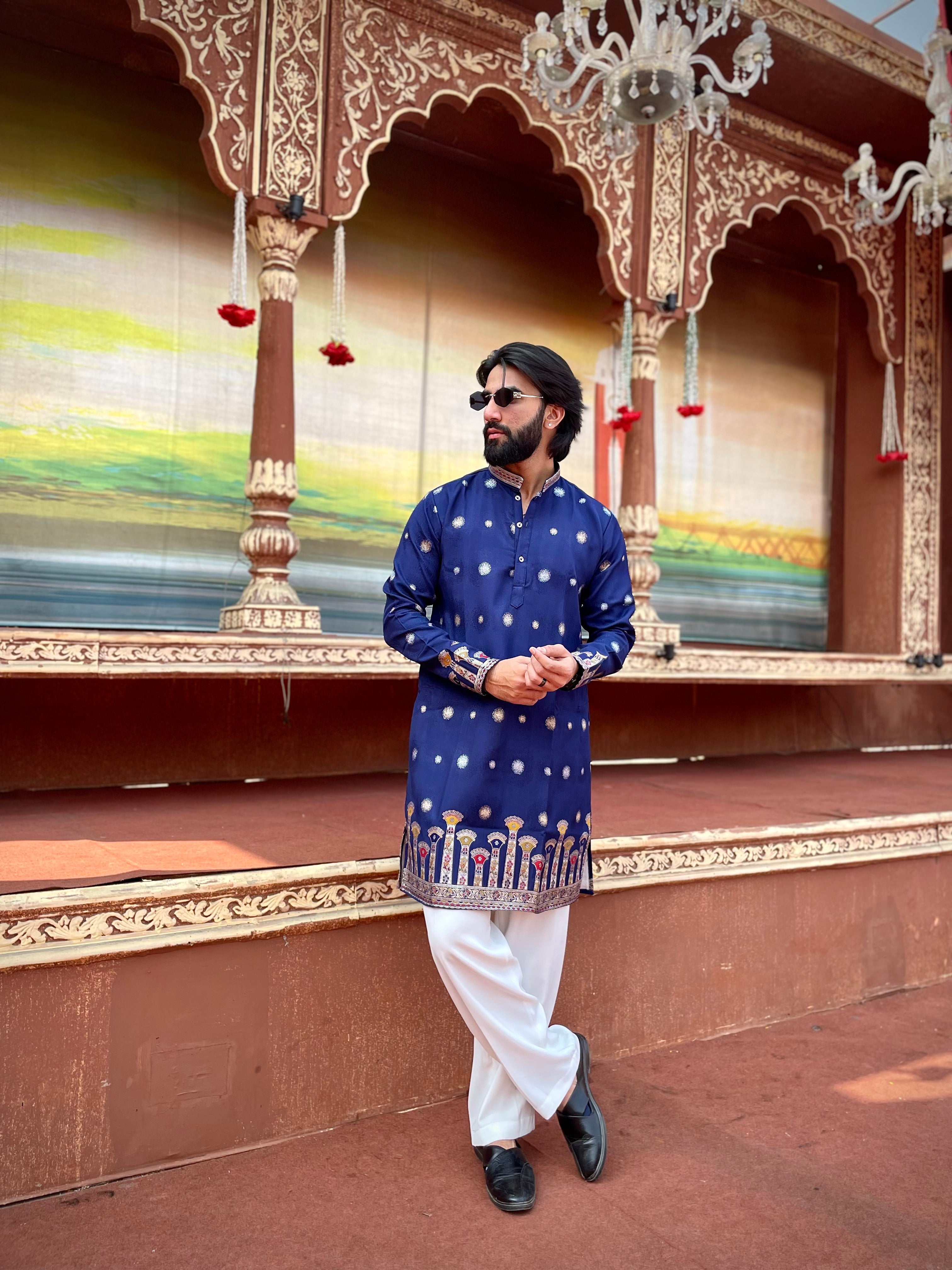 STAMBH MAHAL NAVY BLUE EXCLUSIVE JACQUARD KURTA