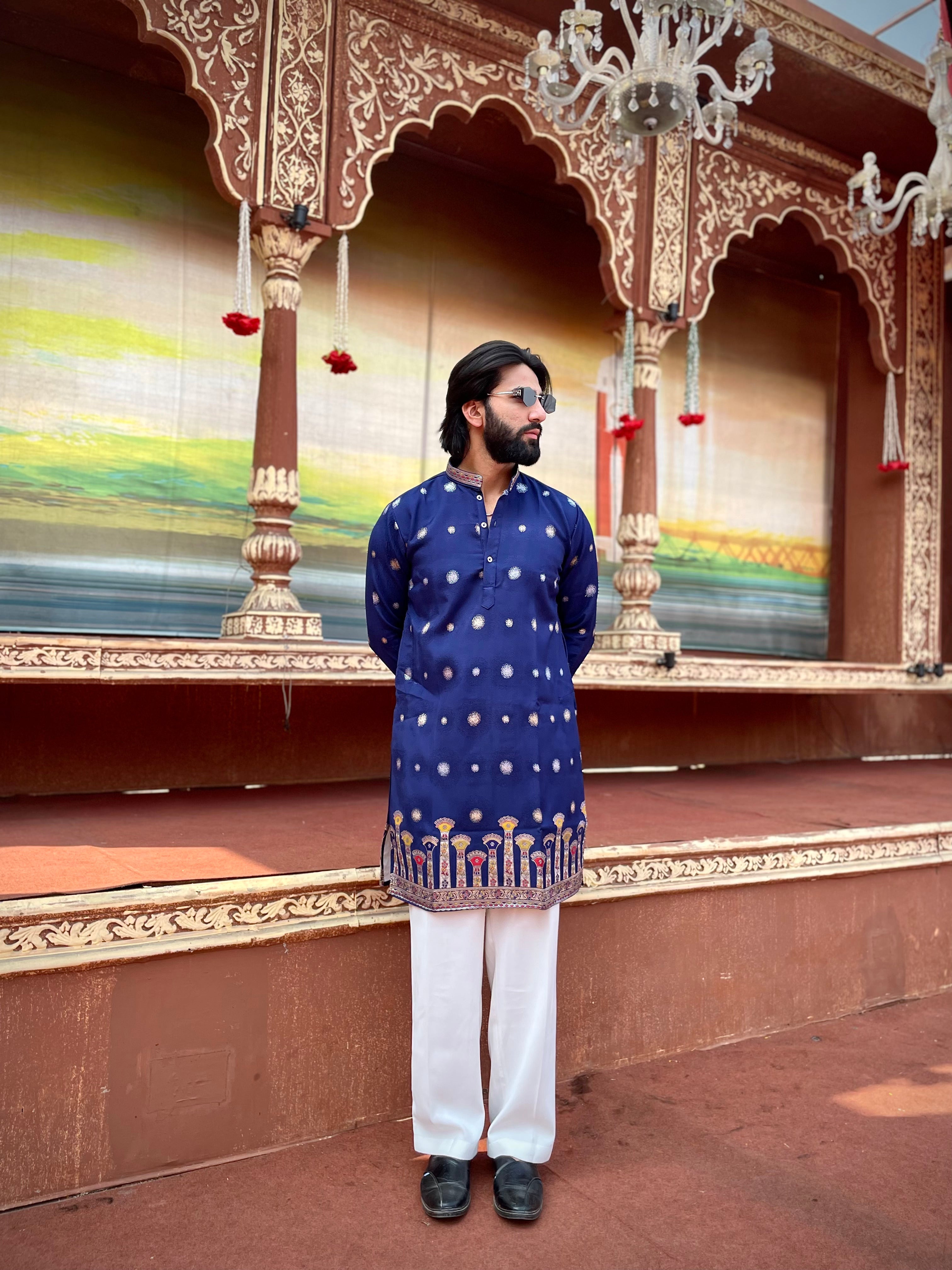 STAMBH MAHAL NAVY BLUE EXCLUSIVE JACQUARD KURTA