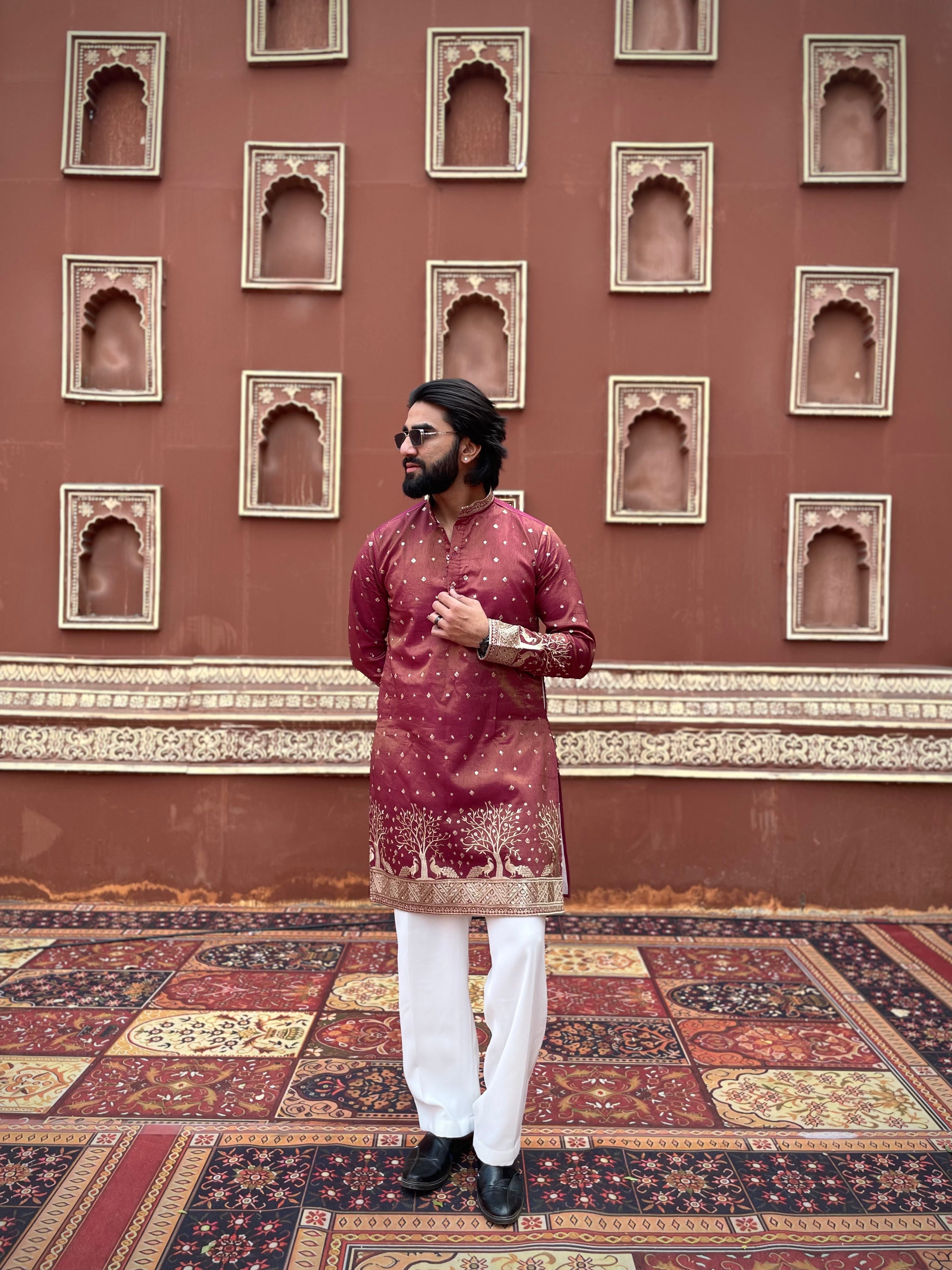 WINE SUVARN MAYUR EMROIDERED EXCLUSIVE KURTA