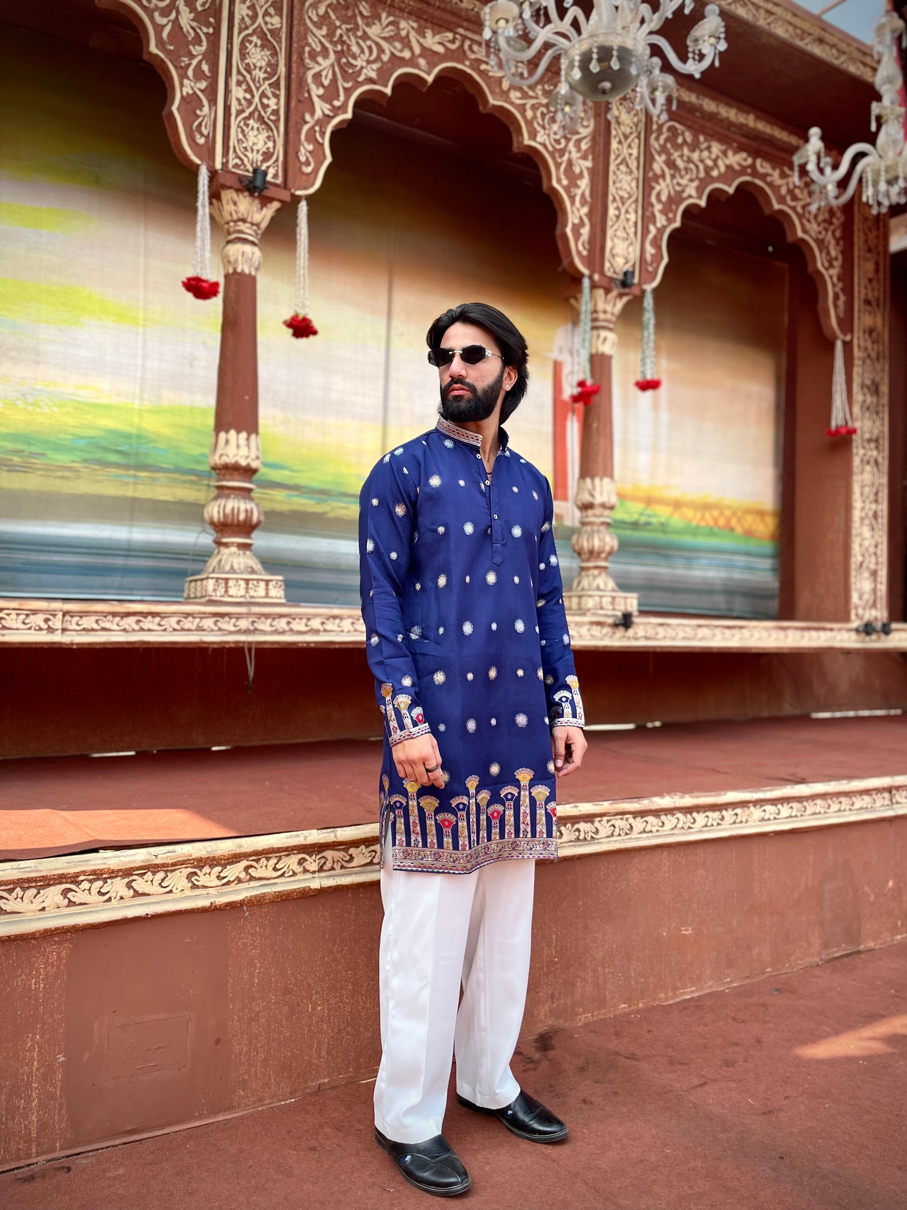 STAMBH MAHAL NAVY BLUE EXCLUSIVE JACQUARD KURTA