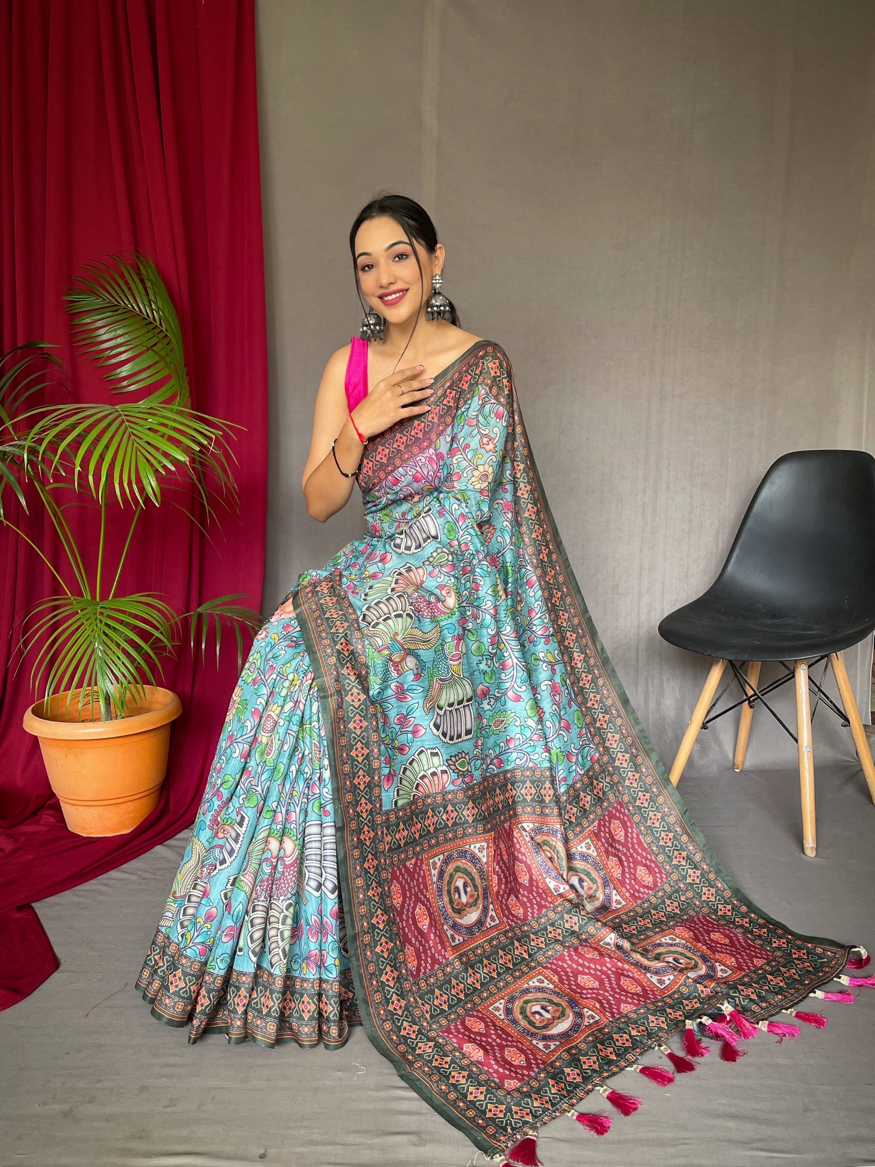Pure Cotton Bandhani Kalamkari Printed Saree Light Blue