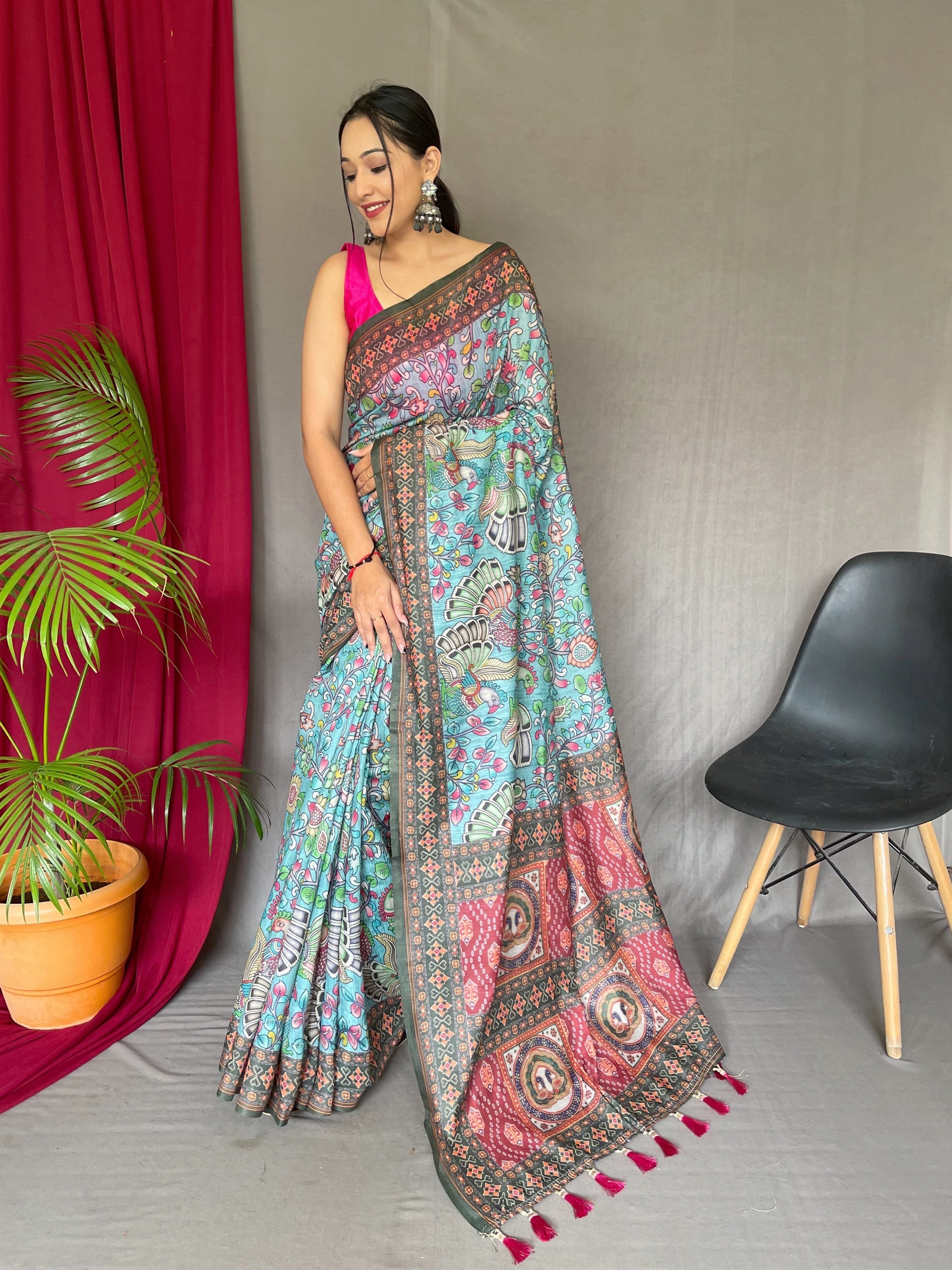 Pure Cotton Bandhani Kalamkari Printed Saree Light Blue