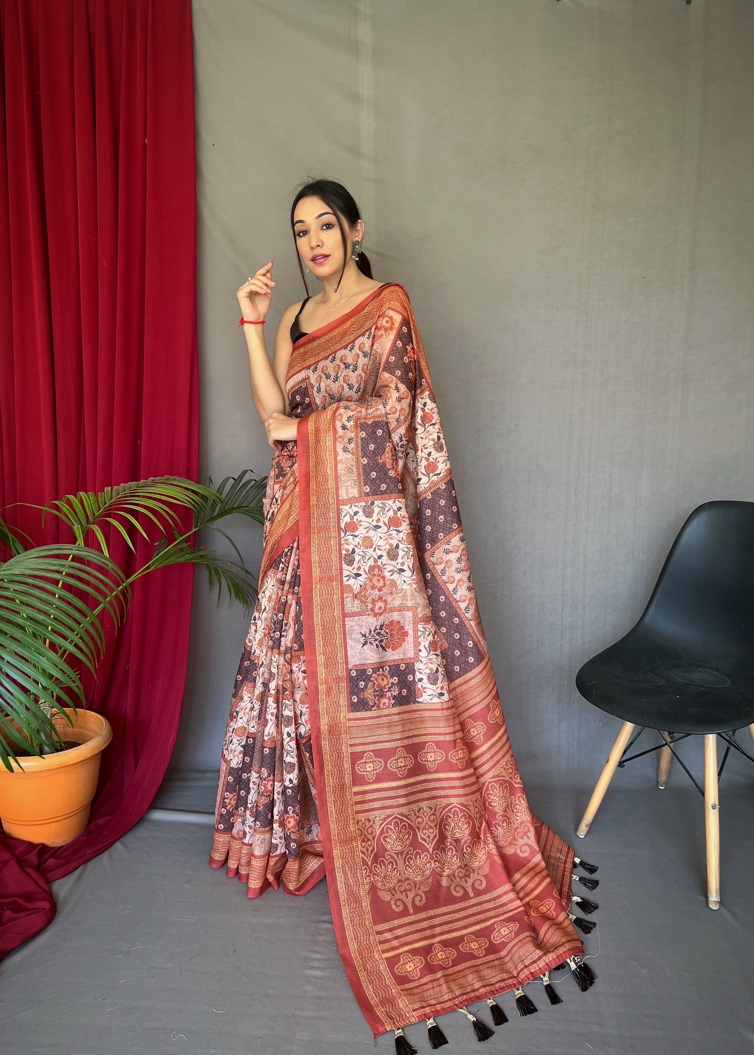 Light Brown Ajrakh Carpet Silk Cotton Printed Saree
