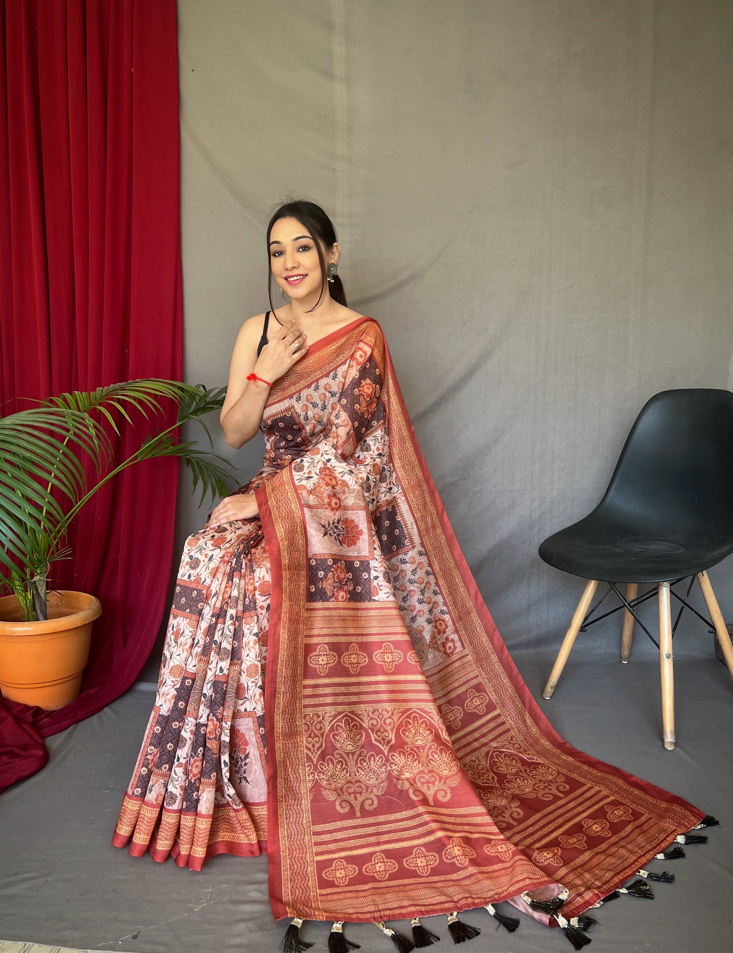 Light Brown Ajrakh Carpet Silk Cotton Printed Saree