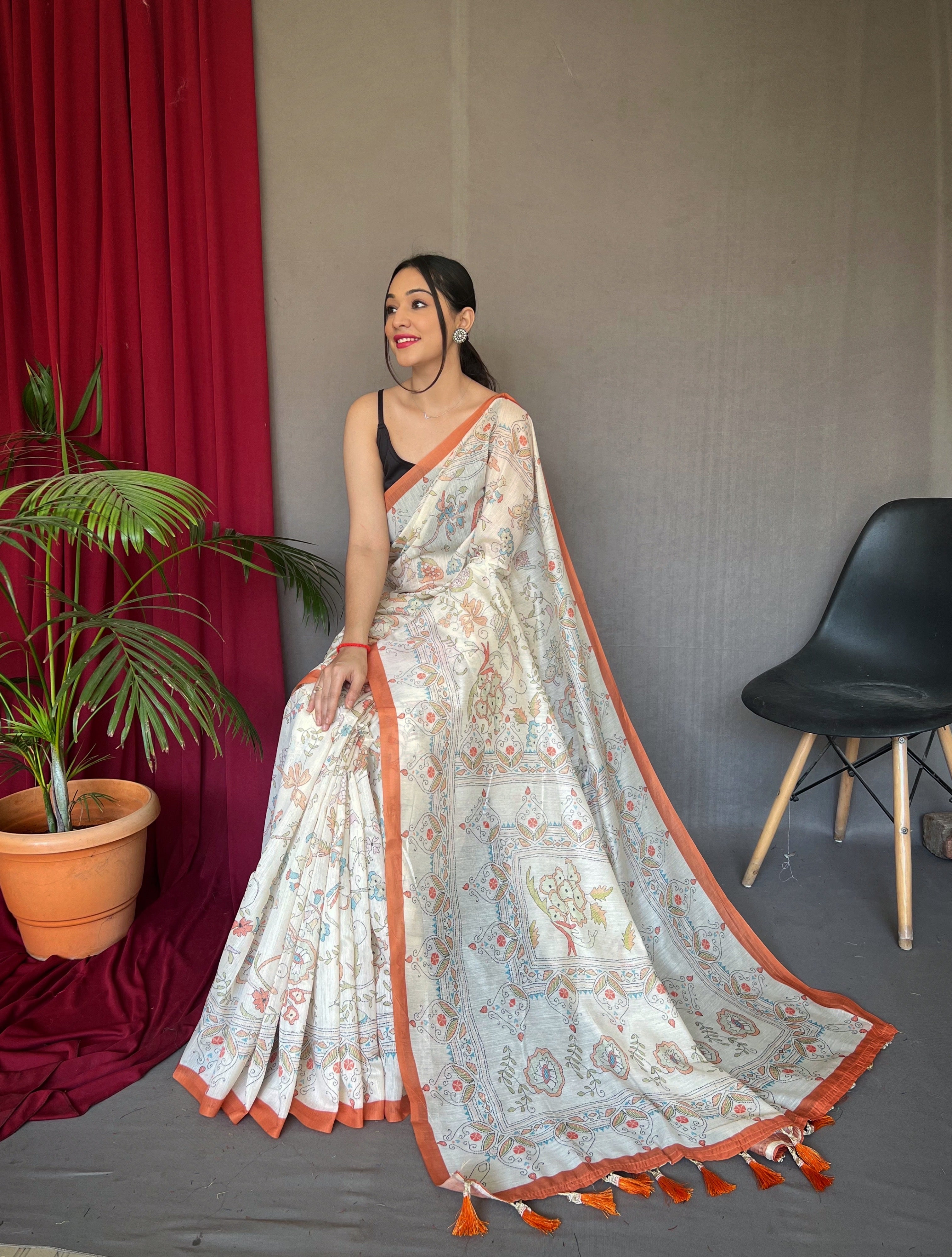 Orange Cotton Katha Printed Saree