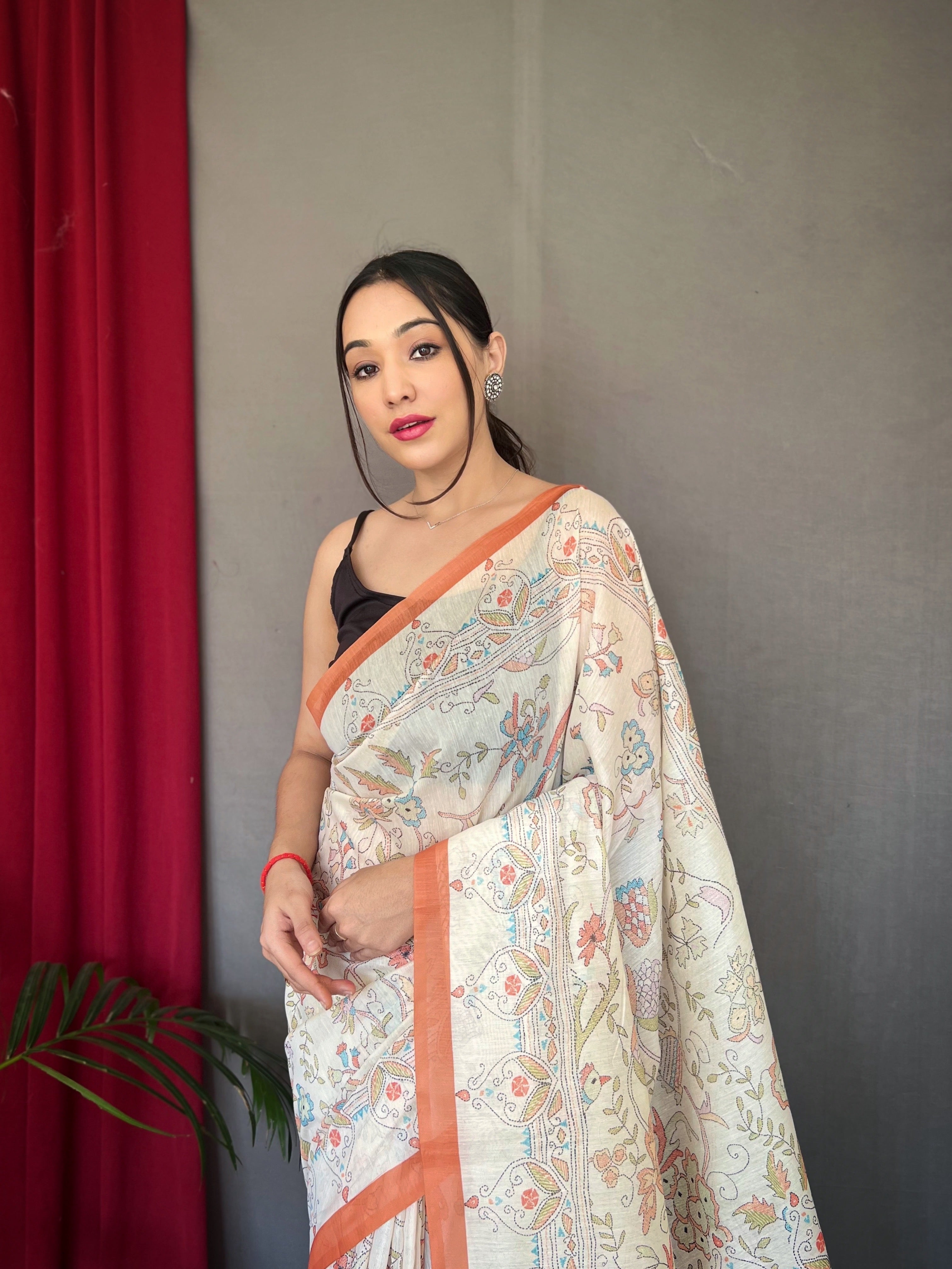 Orange Cotton Katha Printed Saree