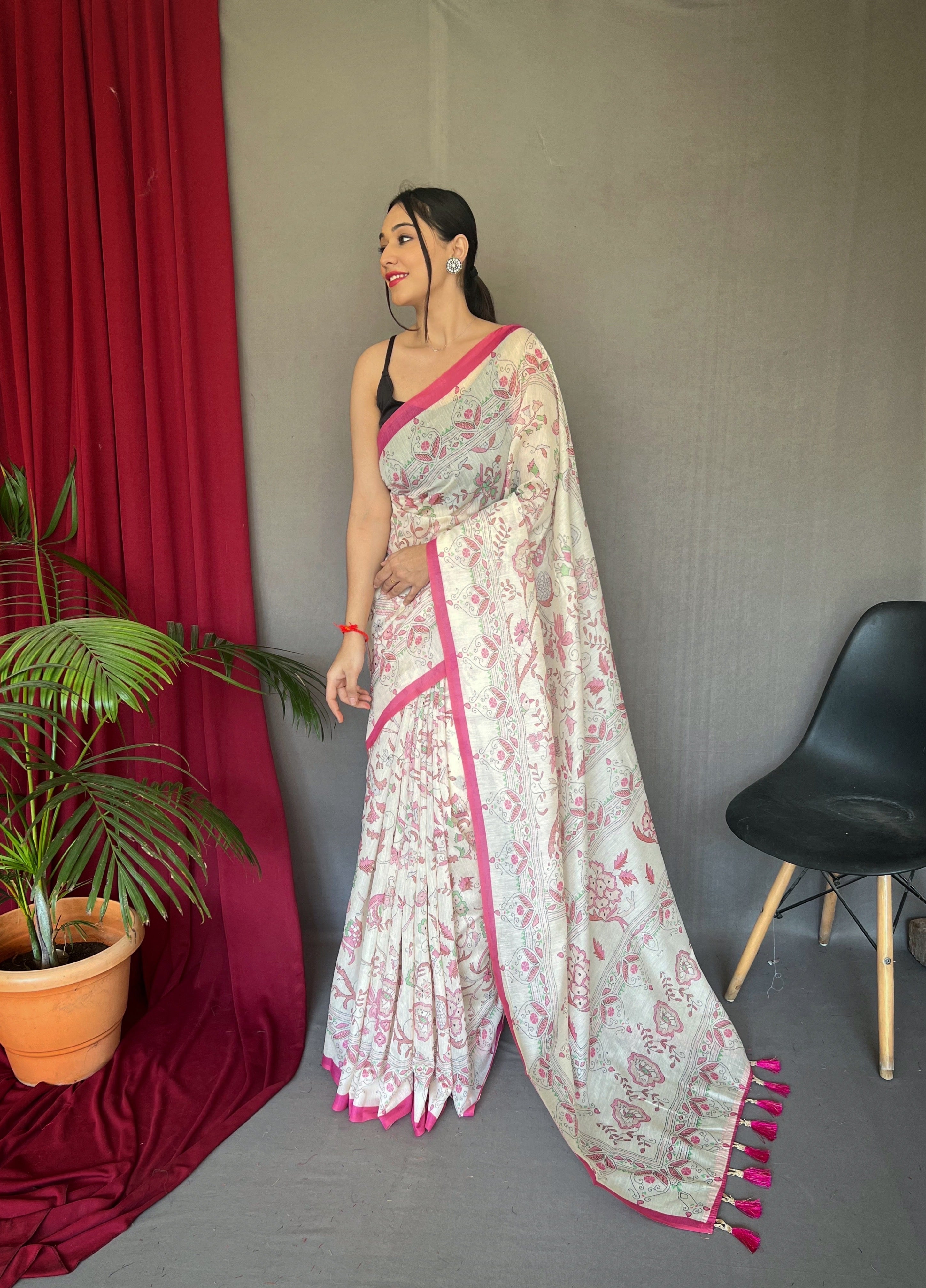 Pink Cotton Katha Printed Saree