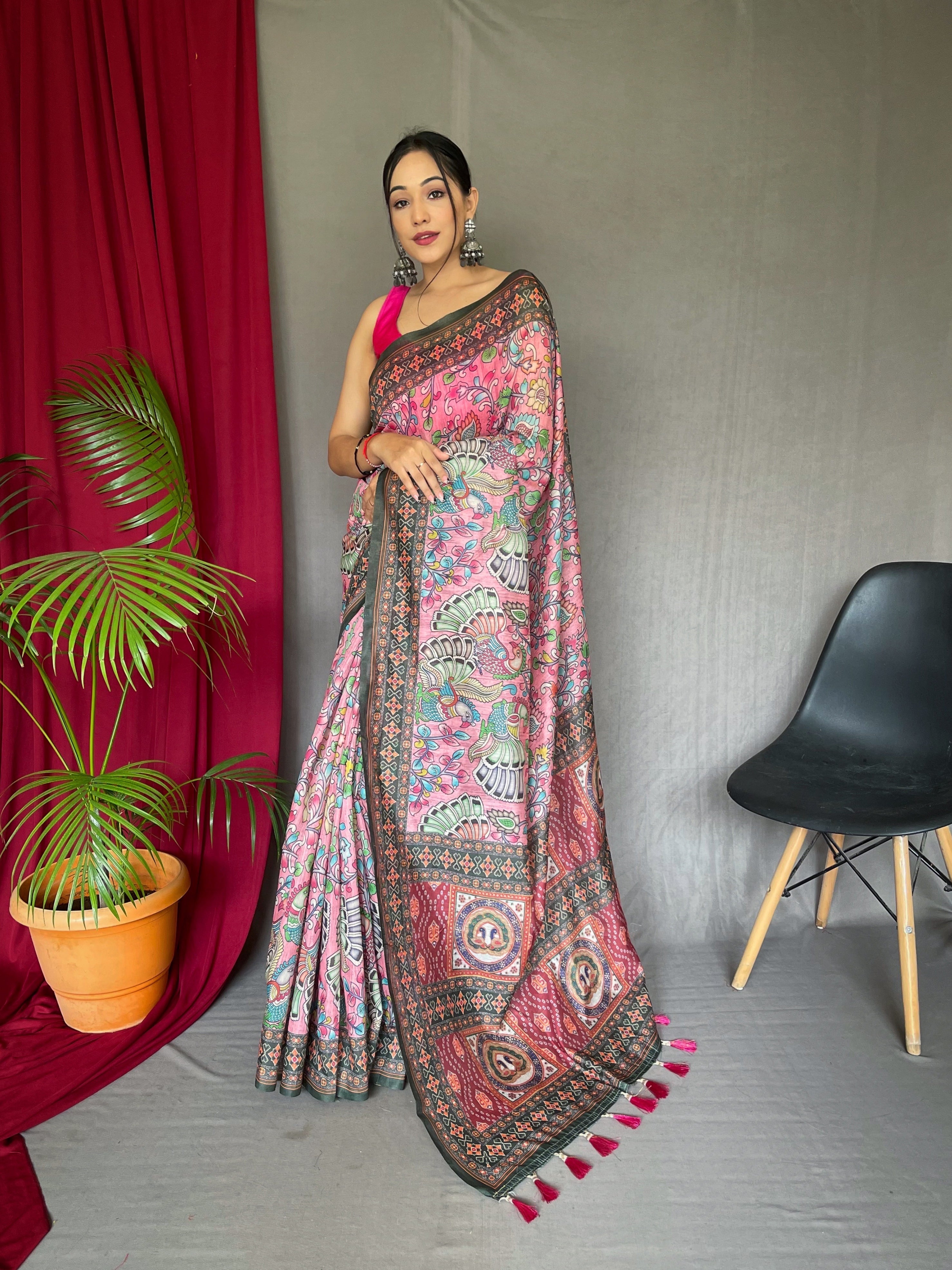 Pure Cotton Bandhani Kalamkari Printed Saree Pink