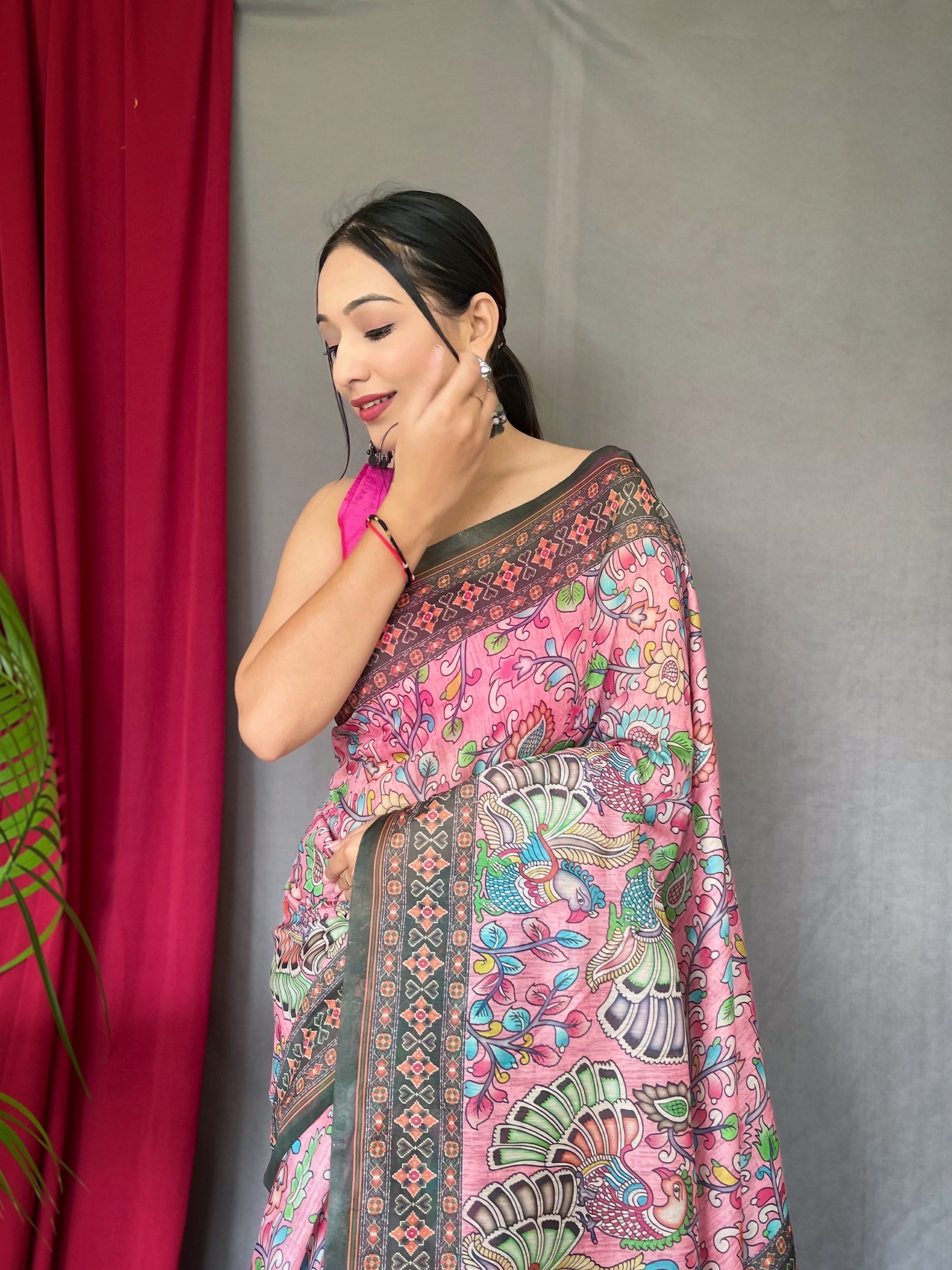 Pure Cotton Bandhani Kalamkari Printed Saree Pink