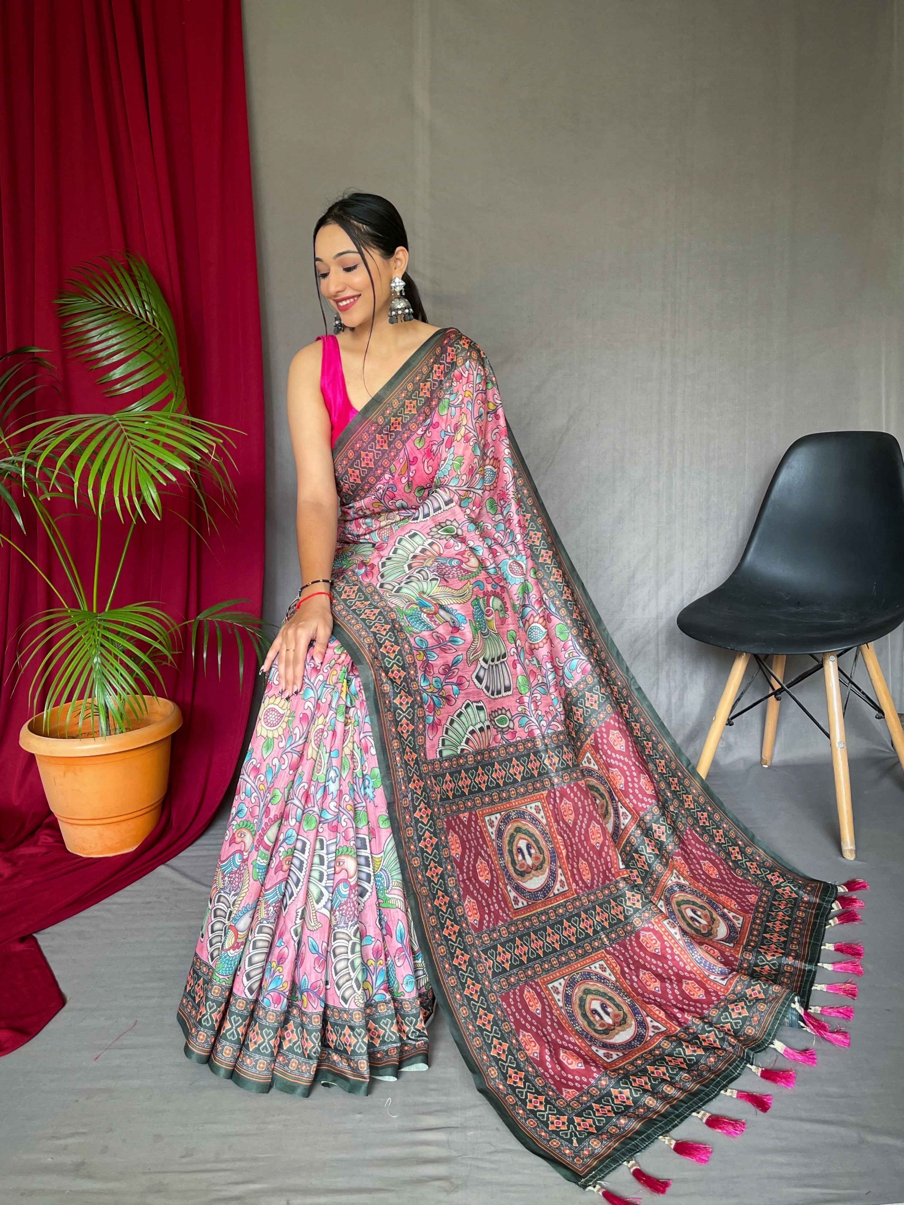 Pure Cotton Bandhani Kalamkari Printed Saree Pink