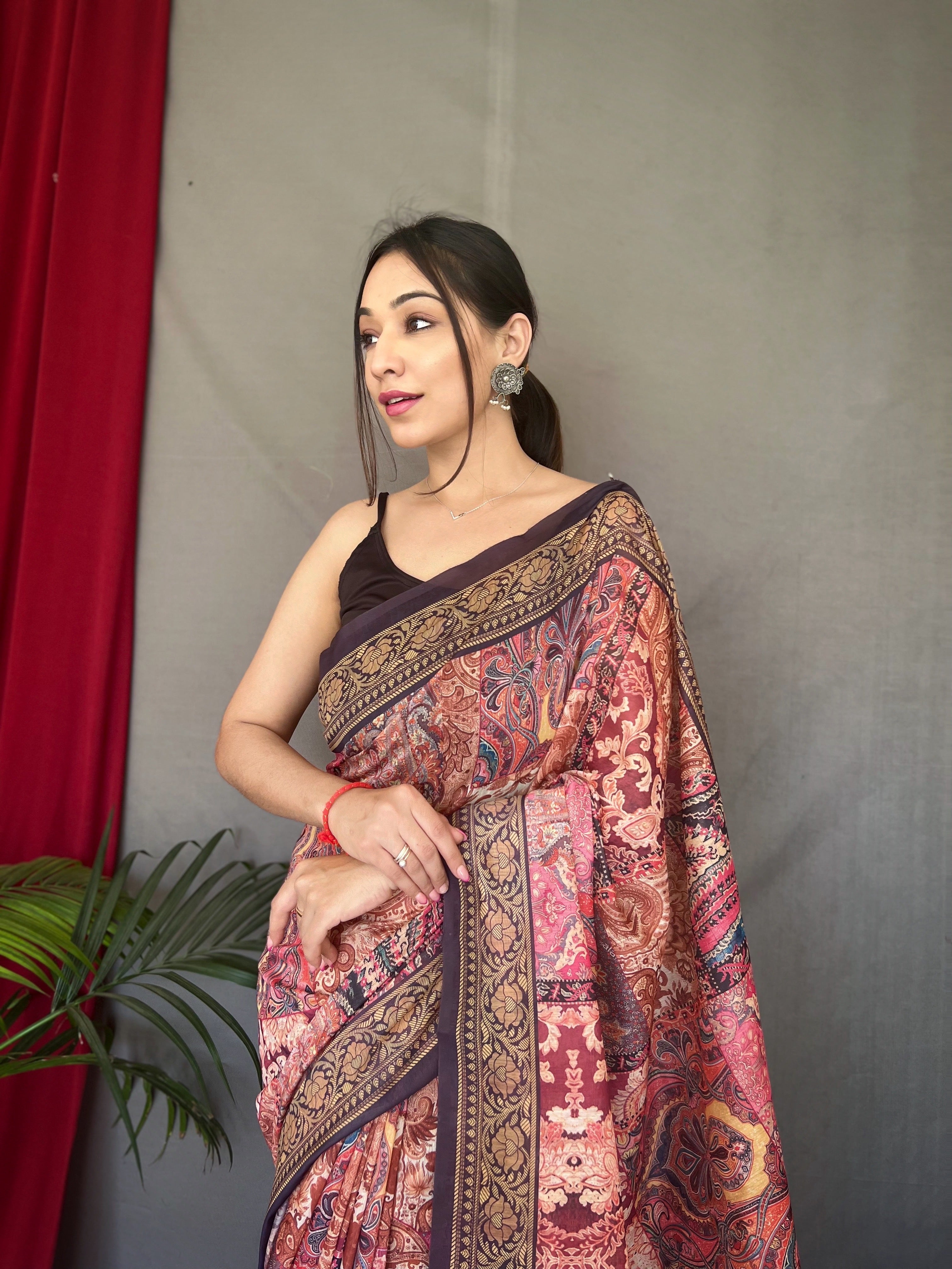Pink Brown Ajrakh Carpet Silk Cotton Printed Saree