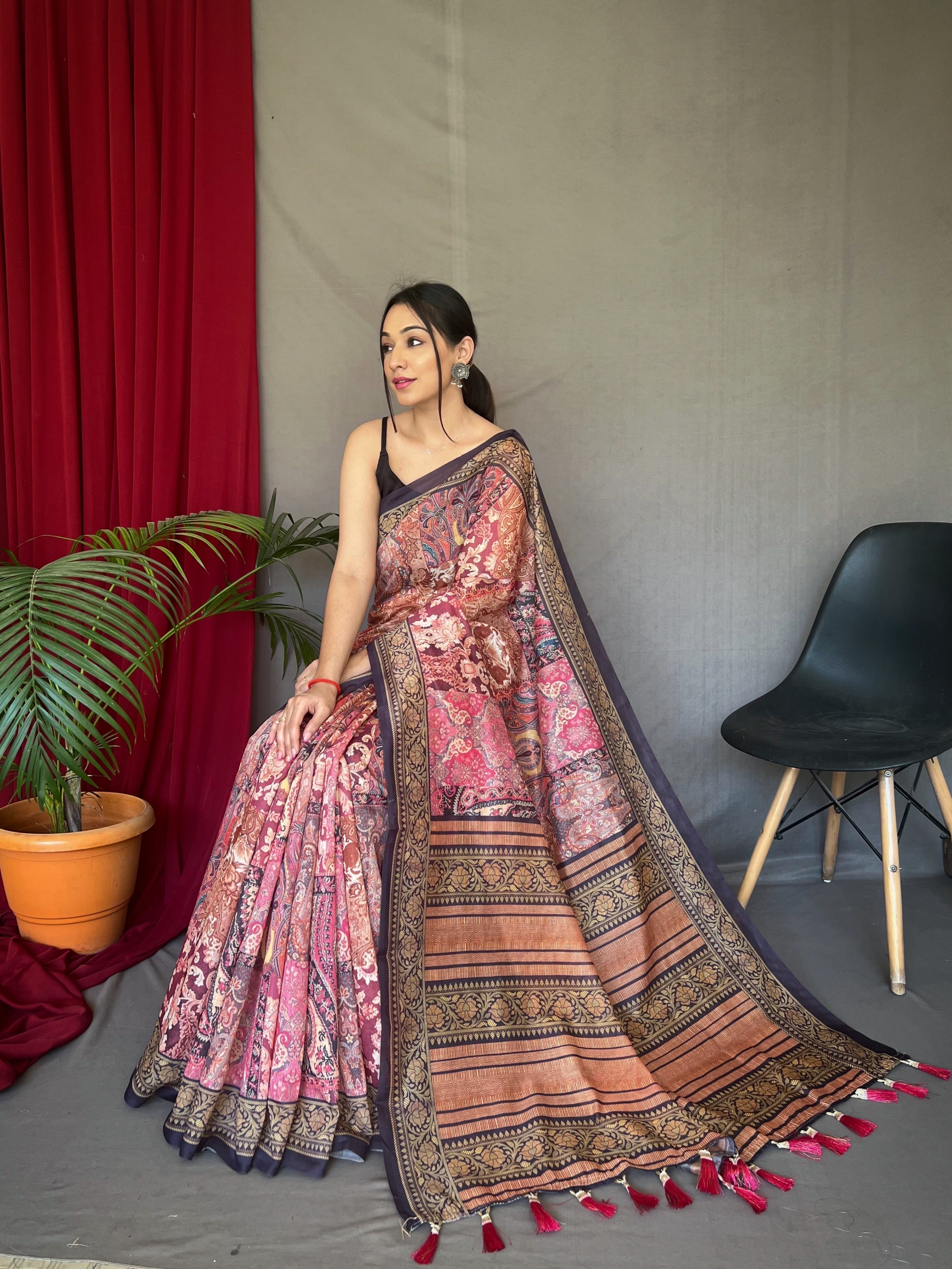 Pink Brown Ajrakh Carpet Silk Cotton Printed Saree