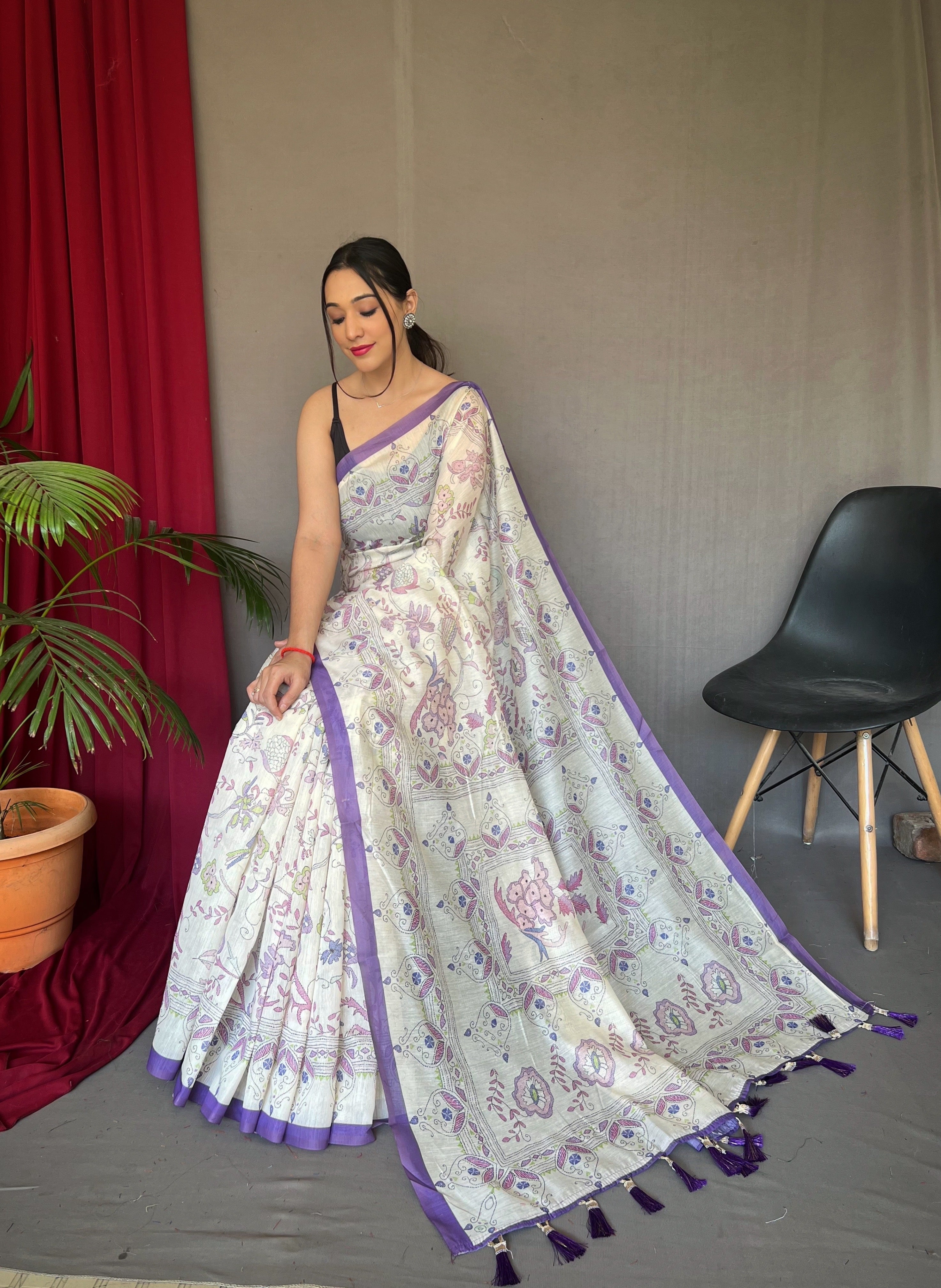 Purple Cotton Katha Printed Saree