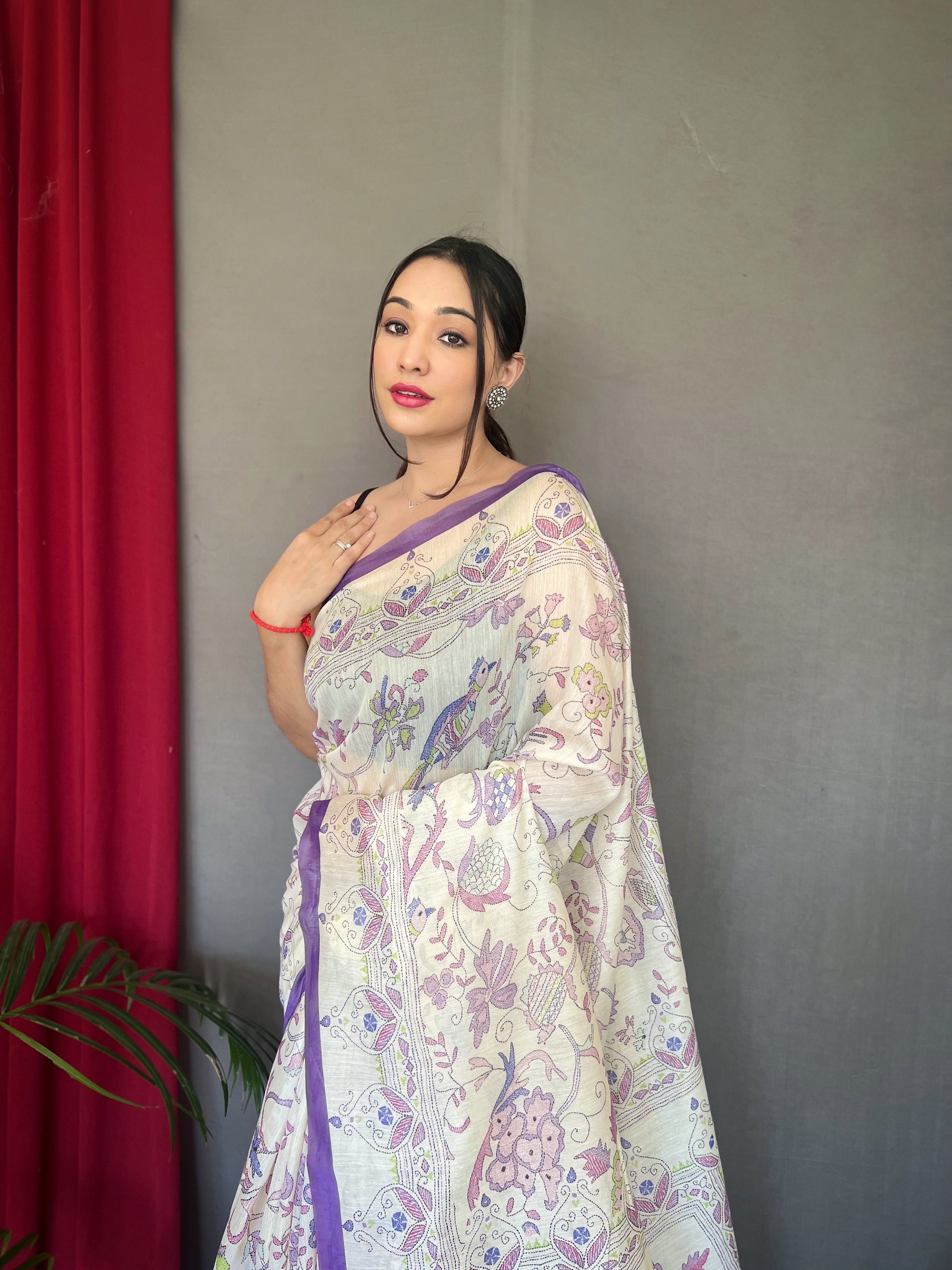 Purple Cotton Katha Printed Saree