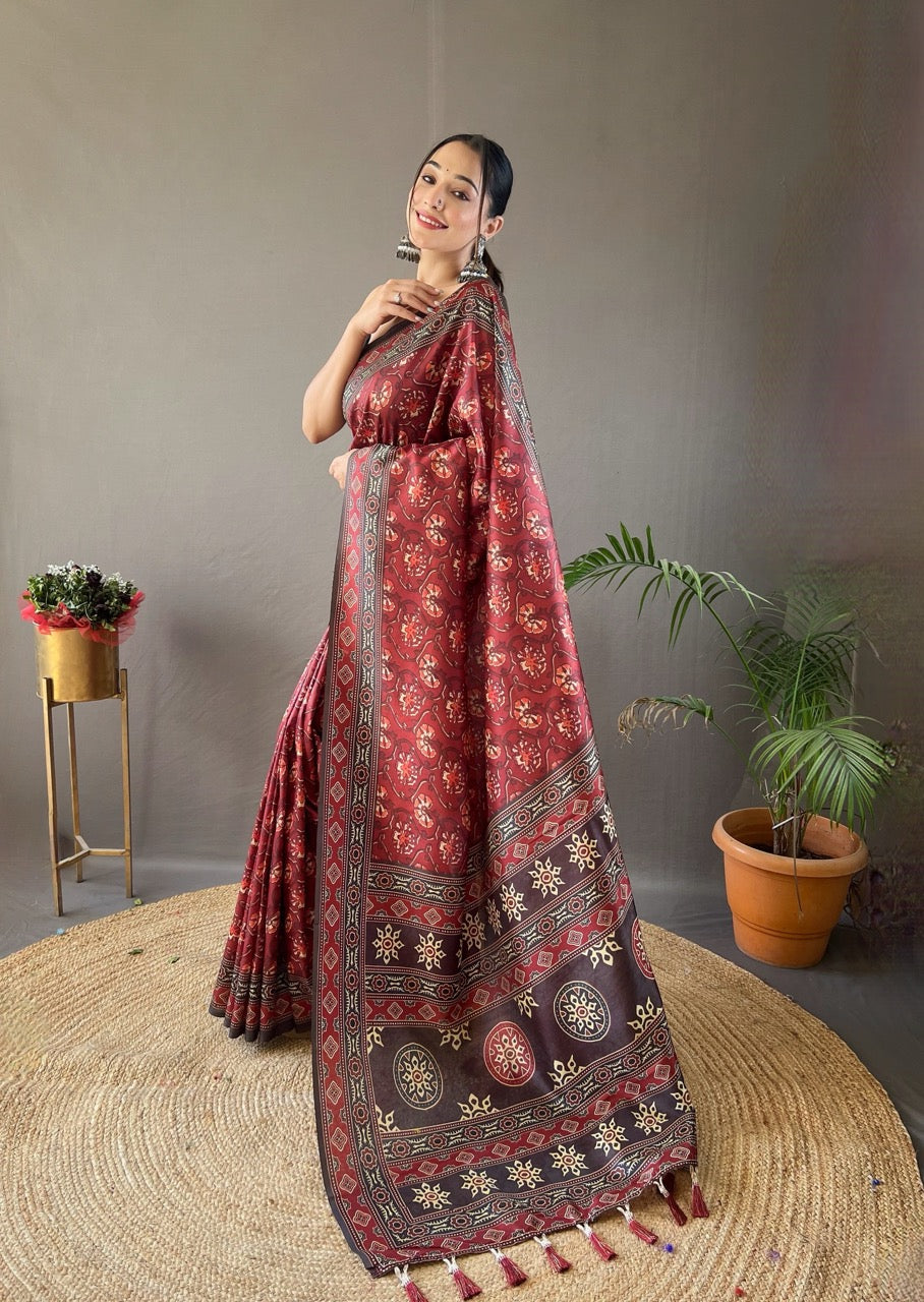 Red Krishna Ajrakh printed saree