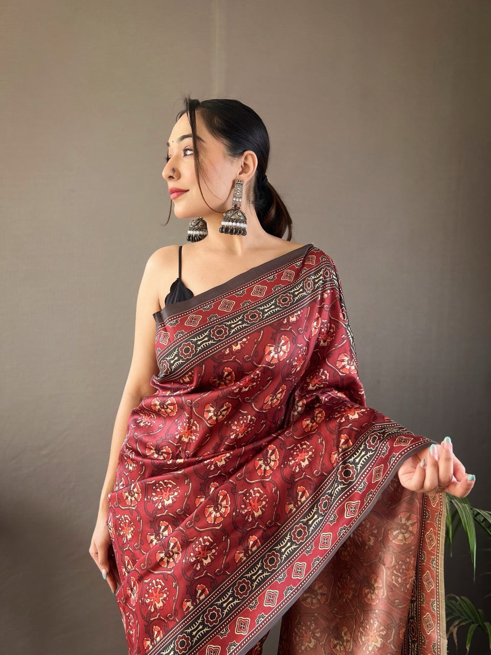 Red Krishna Ajrakh printed saree