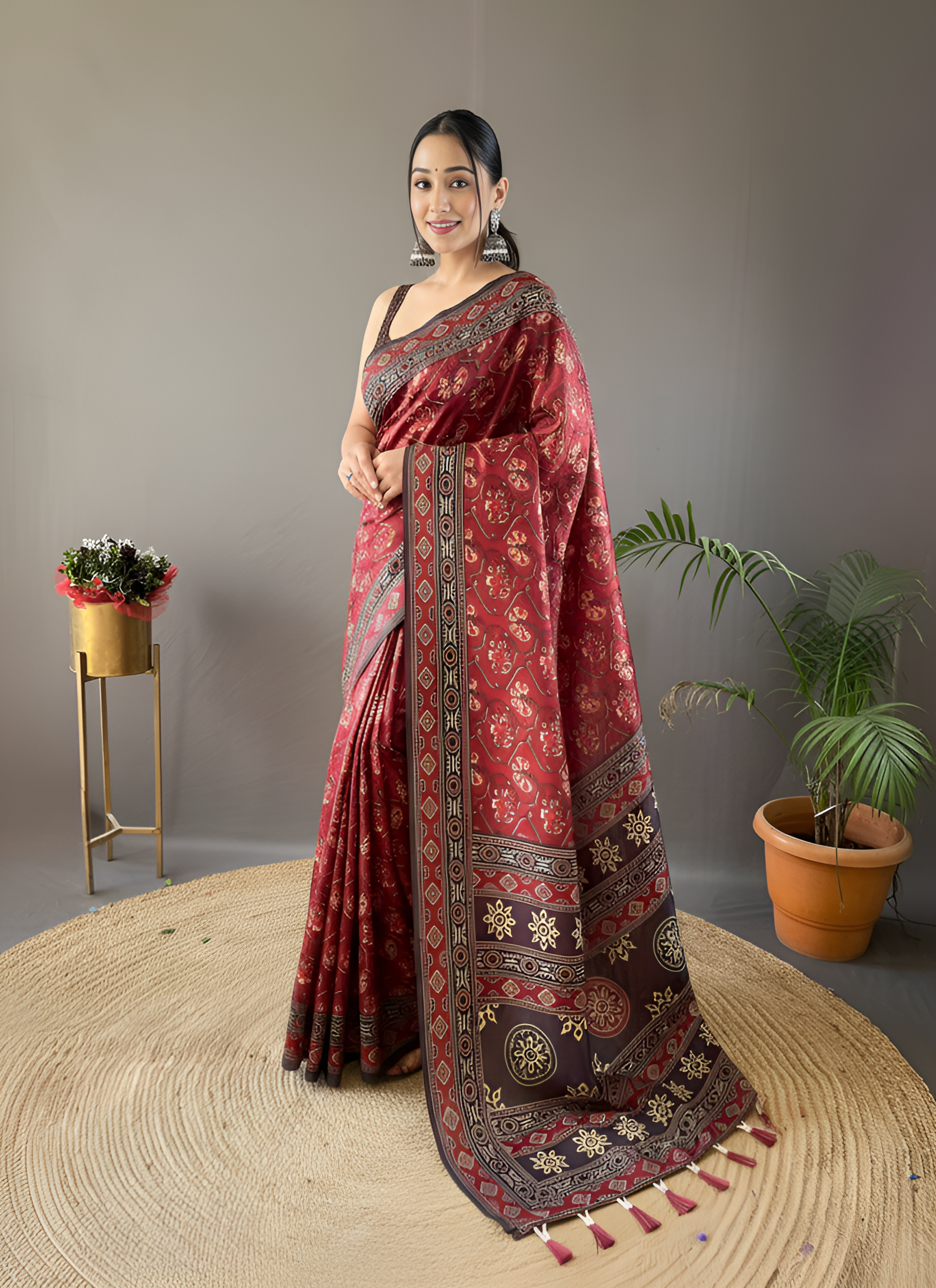 Red Krishna Ajrakh printed saree
