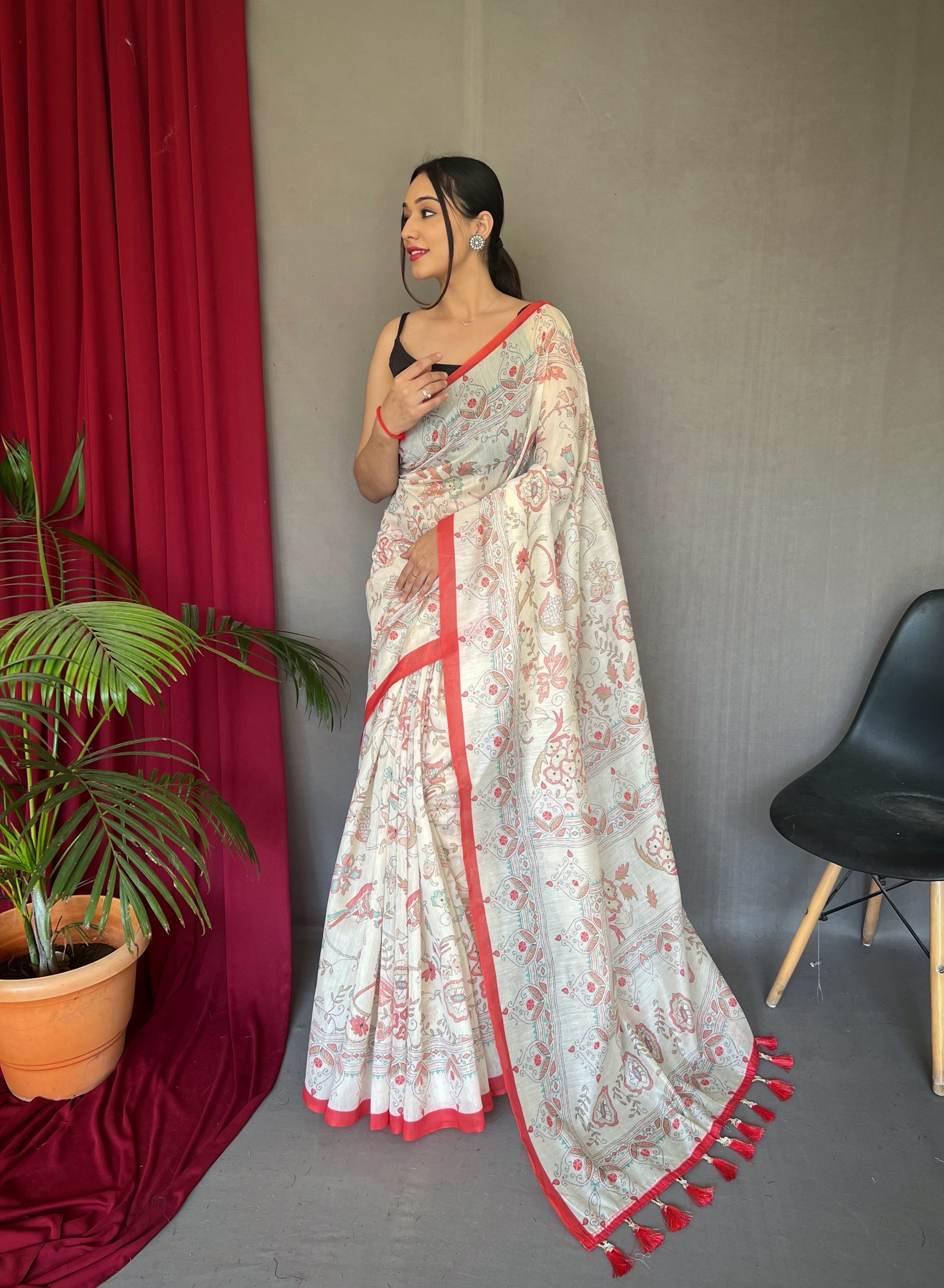 Red Cotton Katha Printed Saree