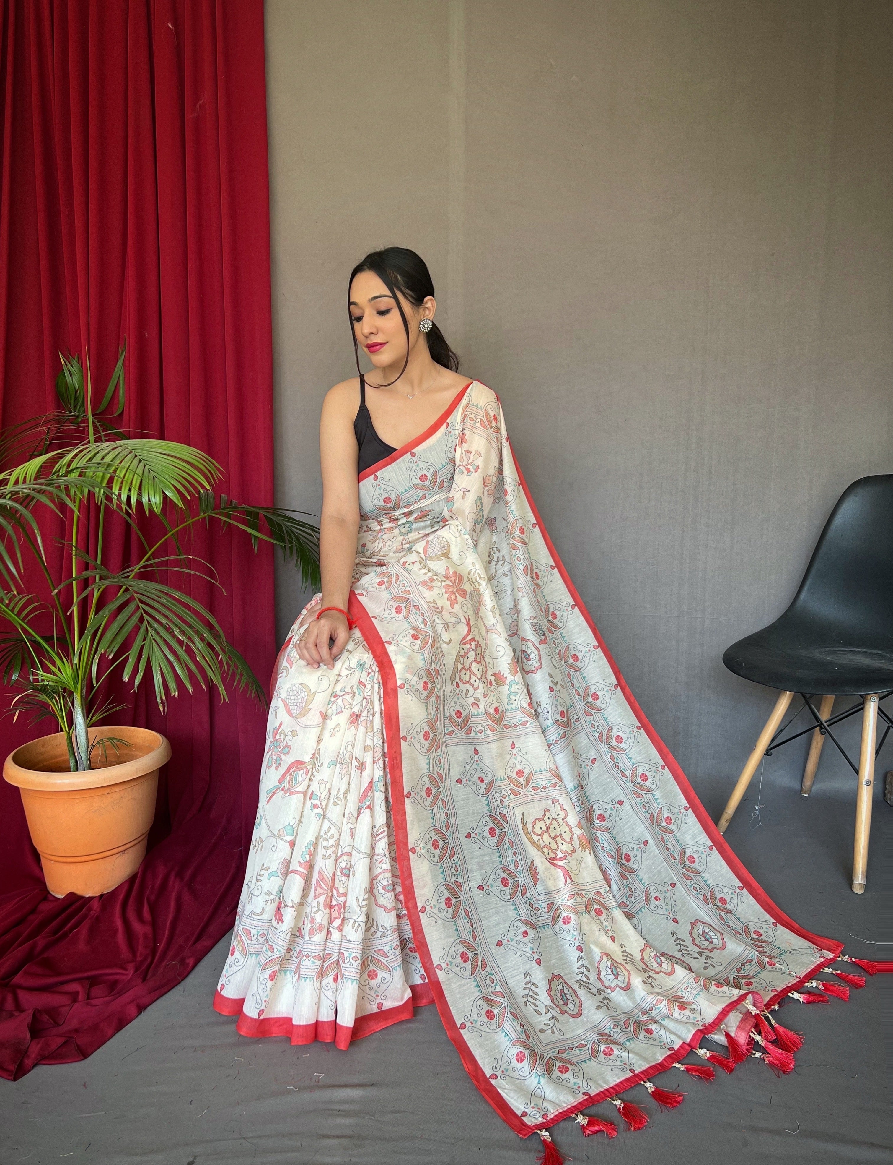 Red Cotton Katha Printed Saree